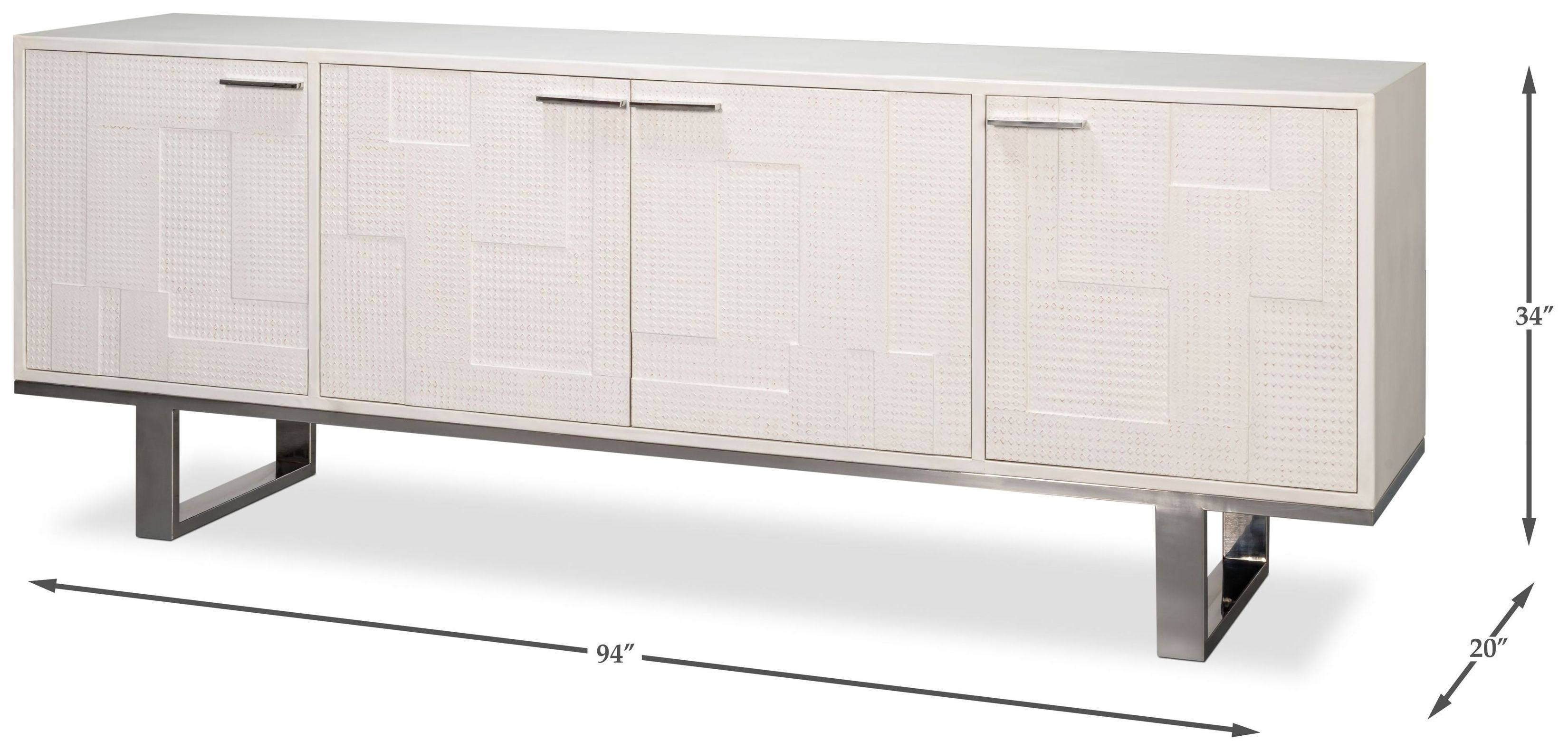 Bronzini Embossed White Leather 4 Door Credenza