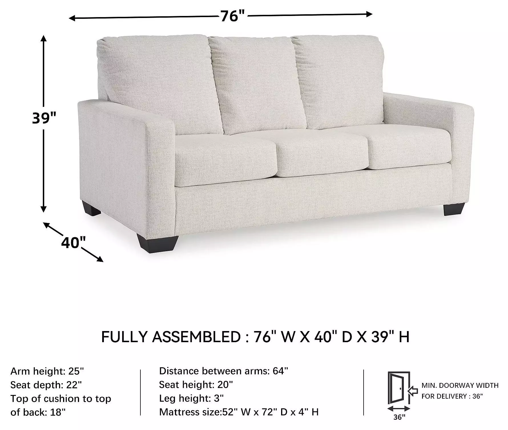 Rannis Snow Full 76" Sofa Sleeper