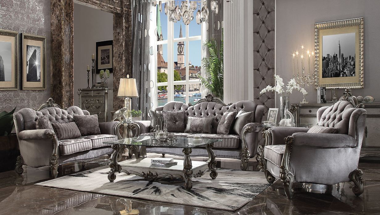 Versailles Antique Platinum Living Room Set with Pillows and