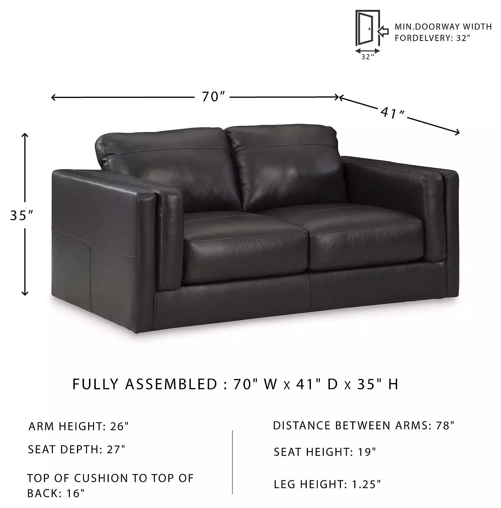Amiata Onyx Leather 70" Loveseat