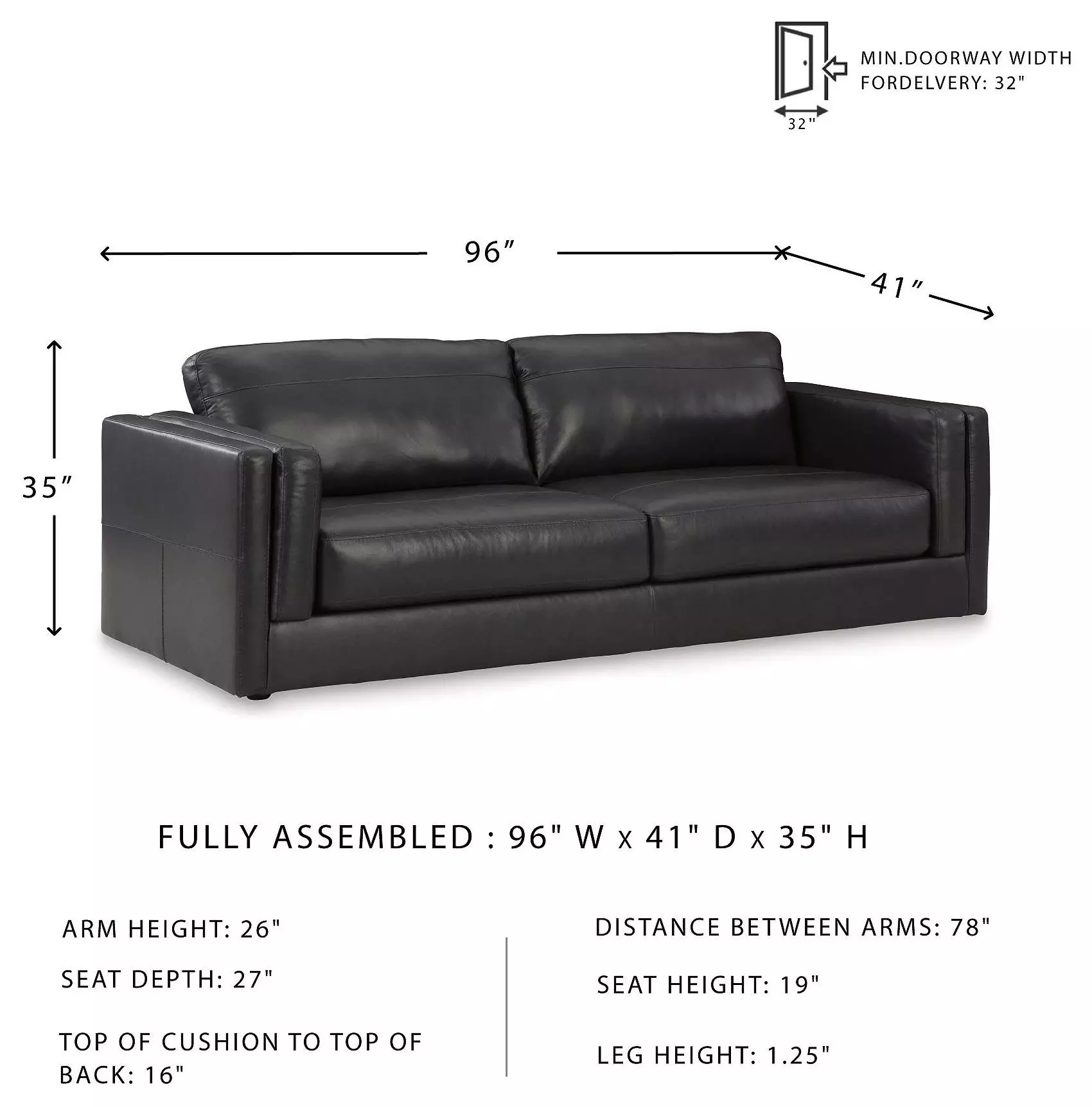 Amiata Onyx Leather 96" Sofa