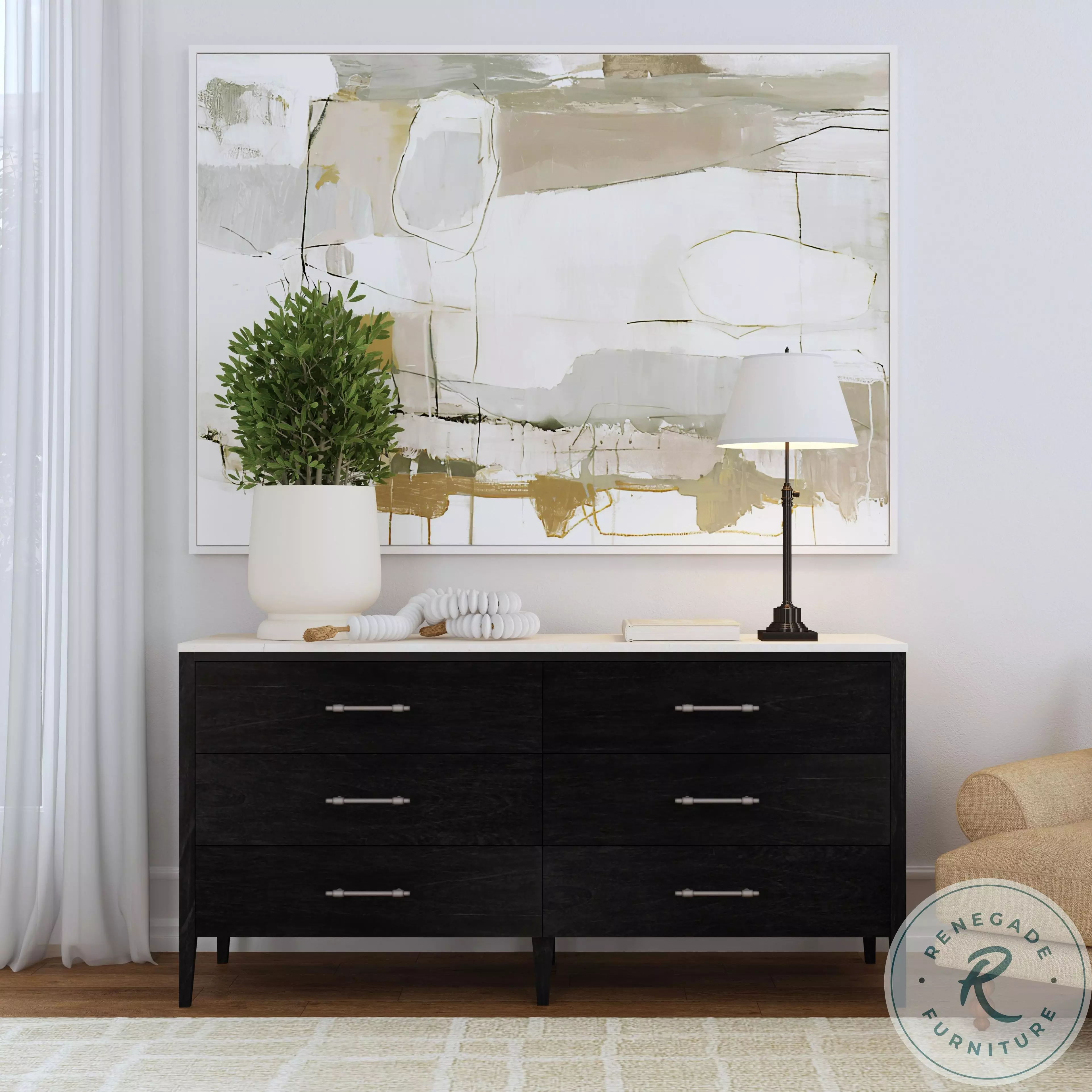 beige and black dresser WAMPAT Dresser TV Stand, Wood Entertainment Center with 6 Fabric Drawe main image 1