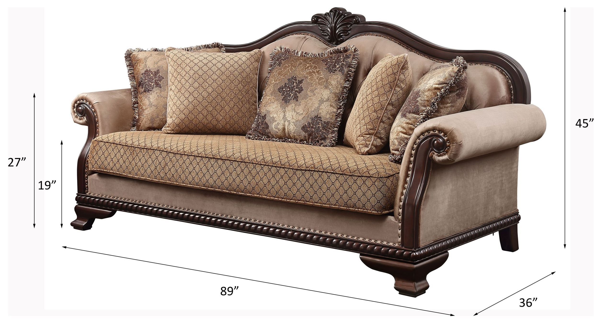Chateau De Ville Beige 89" Sofa with Pillows and Nailhead Trim