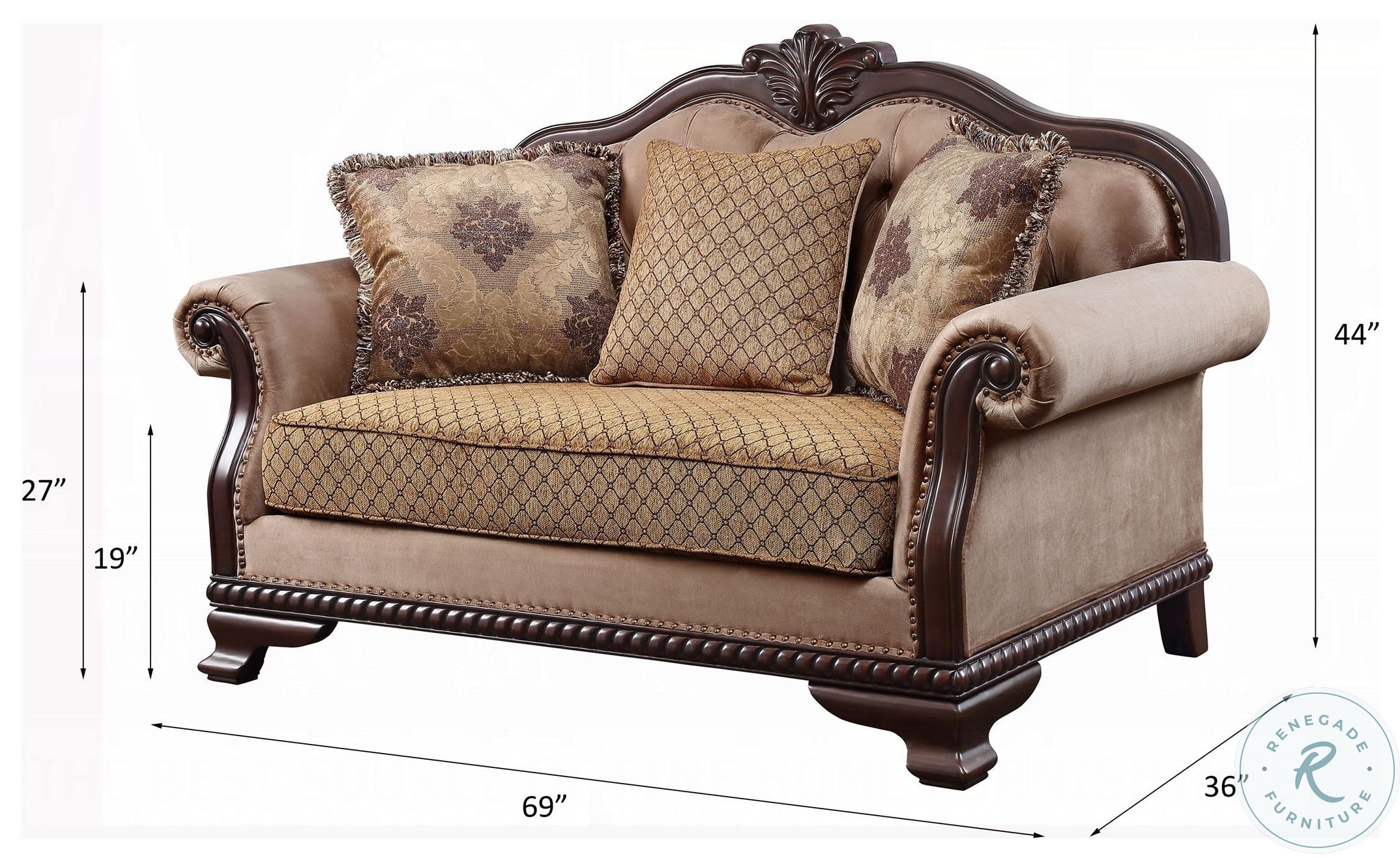 Chateau De Ville Fabric and Espresso 69" Loveseat with 3 Pillows