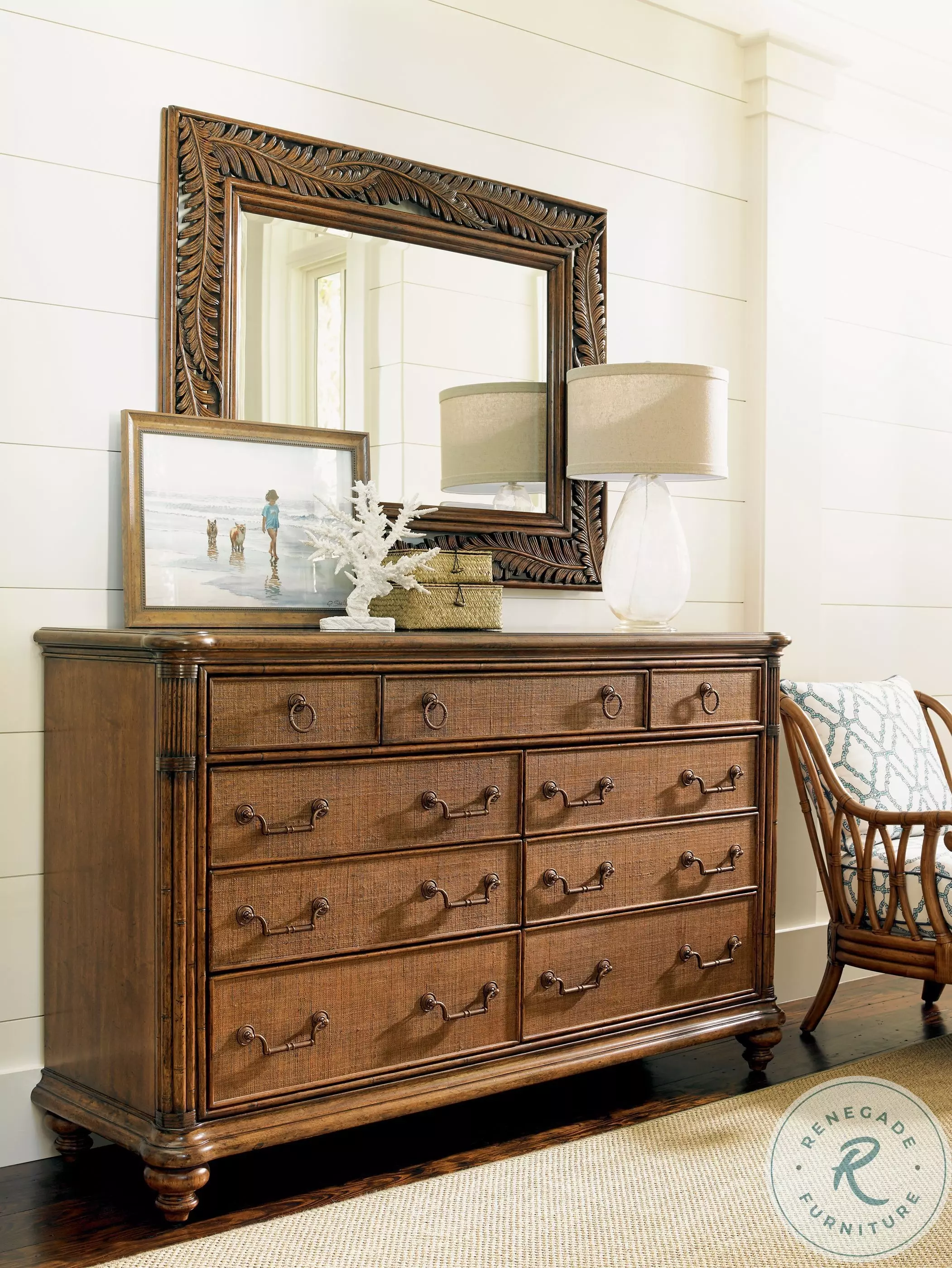 【訳あり】バリ島BOHOstyleラウンドミラーΦ70cm通常16,500円が！ Bali Hai Aged Chestnut Brown Seabrook Landscape Mirror From Home