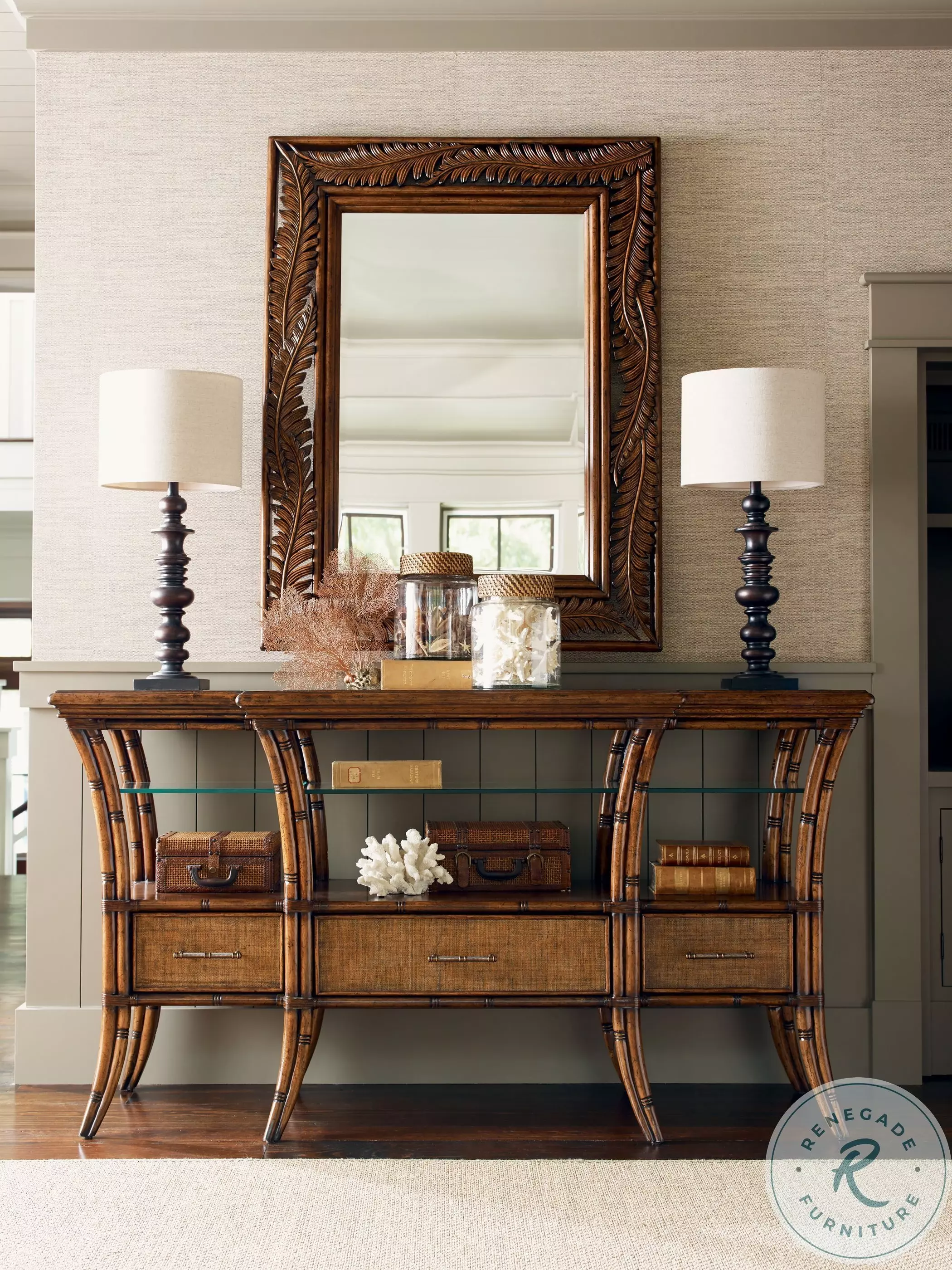 ラタン装飾鏡バンブーヴィンテージミラーAccessory Art Studios Bali Hai Aged Chestnut Brown Seabrook Landscape Mirror From Home