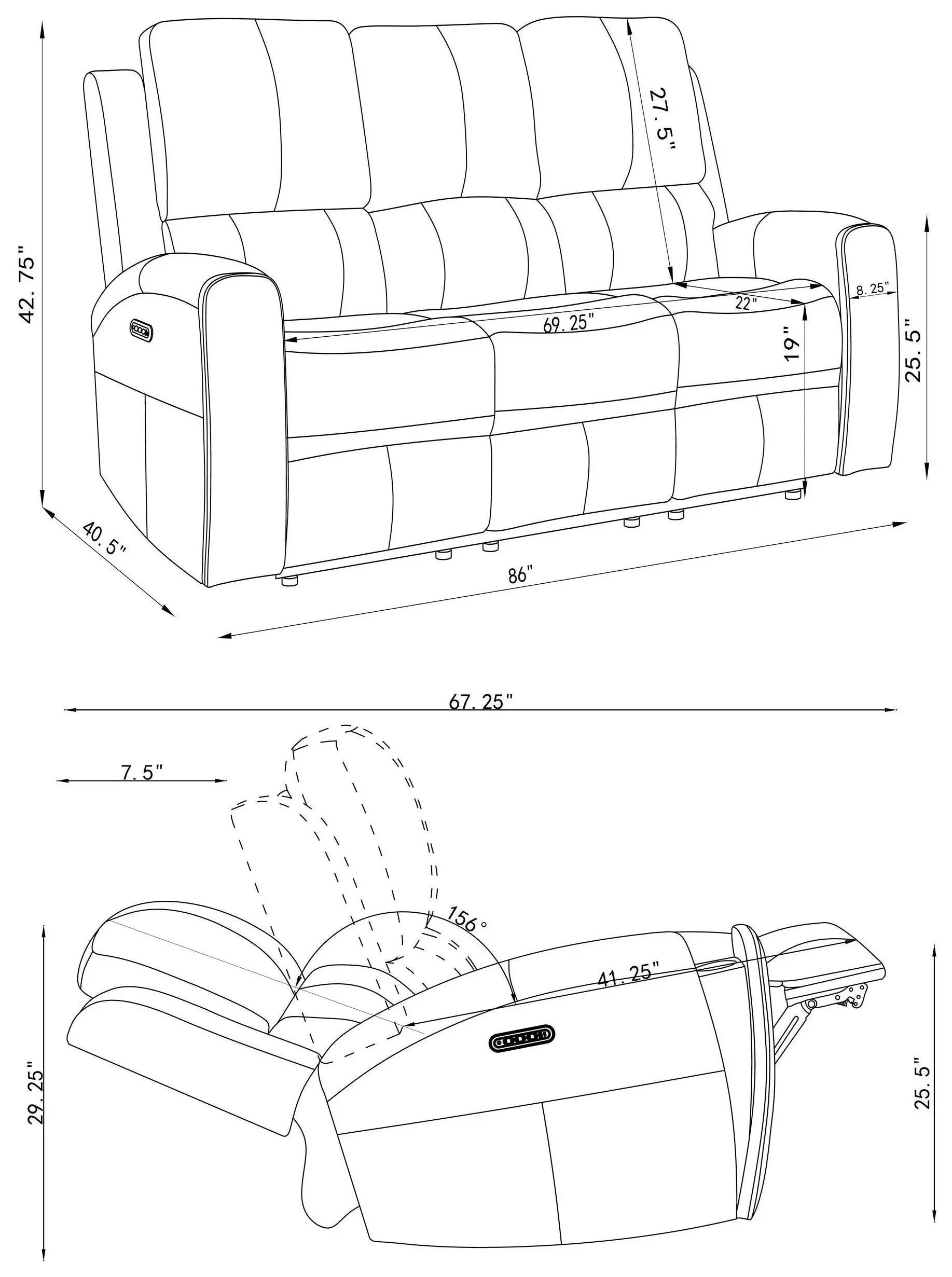 Brickston Gray Triple 86" Power Reclining Sofa with USB Charging and LED