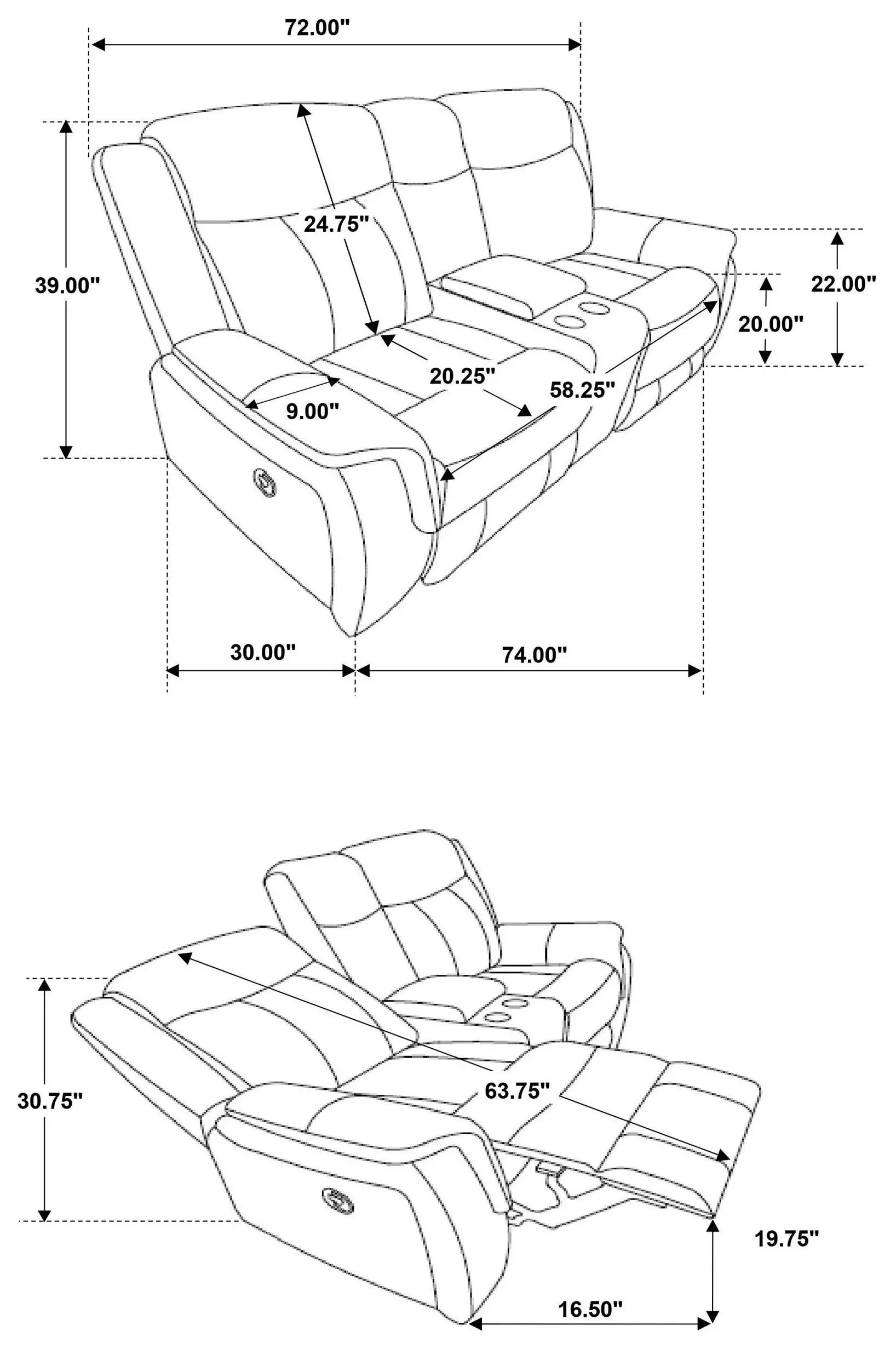 Lawrence Charcoal Reclining Console 74" Loveseat