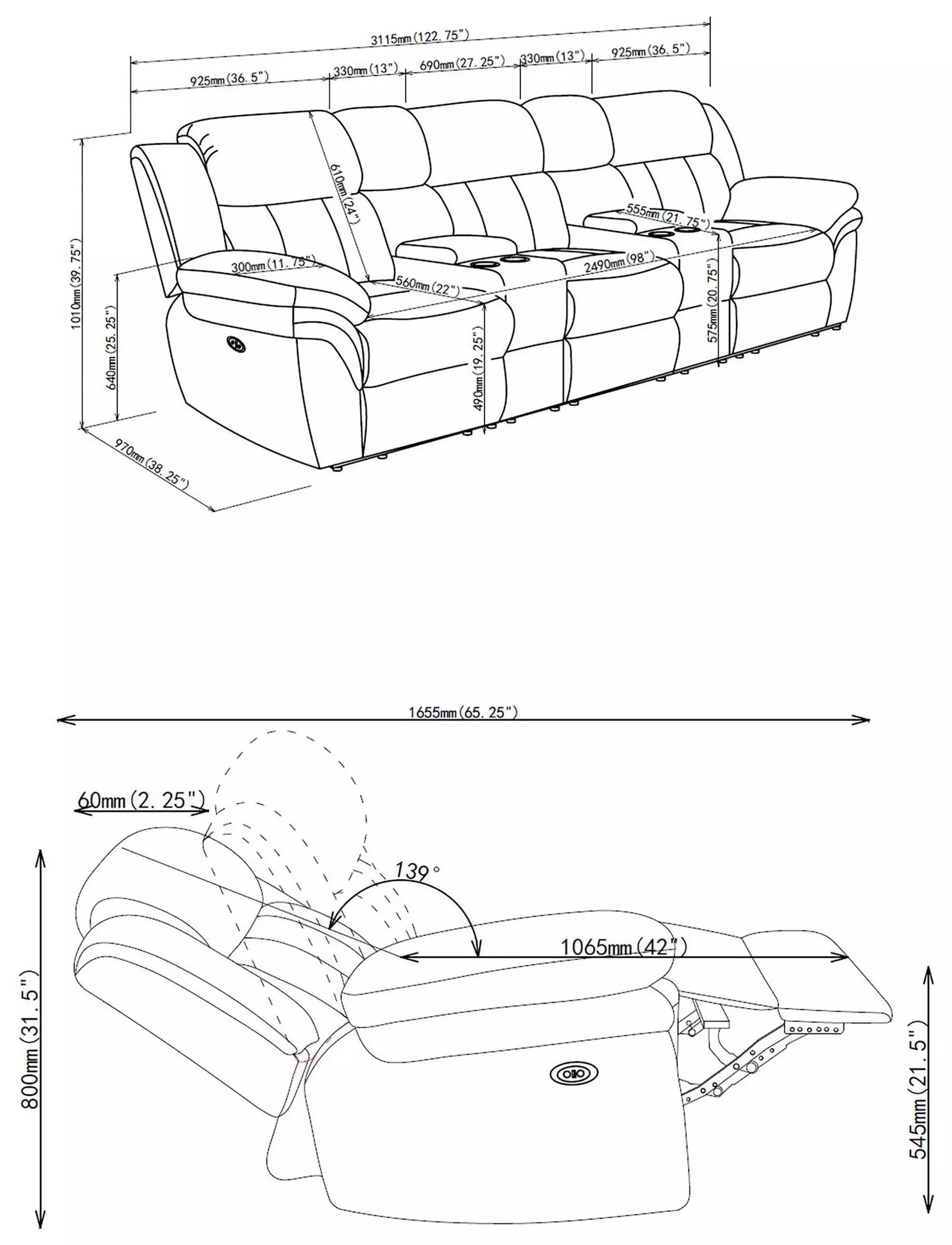 Bahrain Charcoal Power Reclining 3 Seater 126" Home Theater