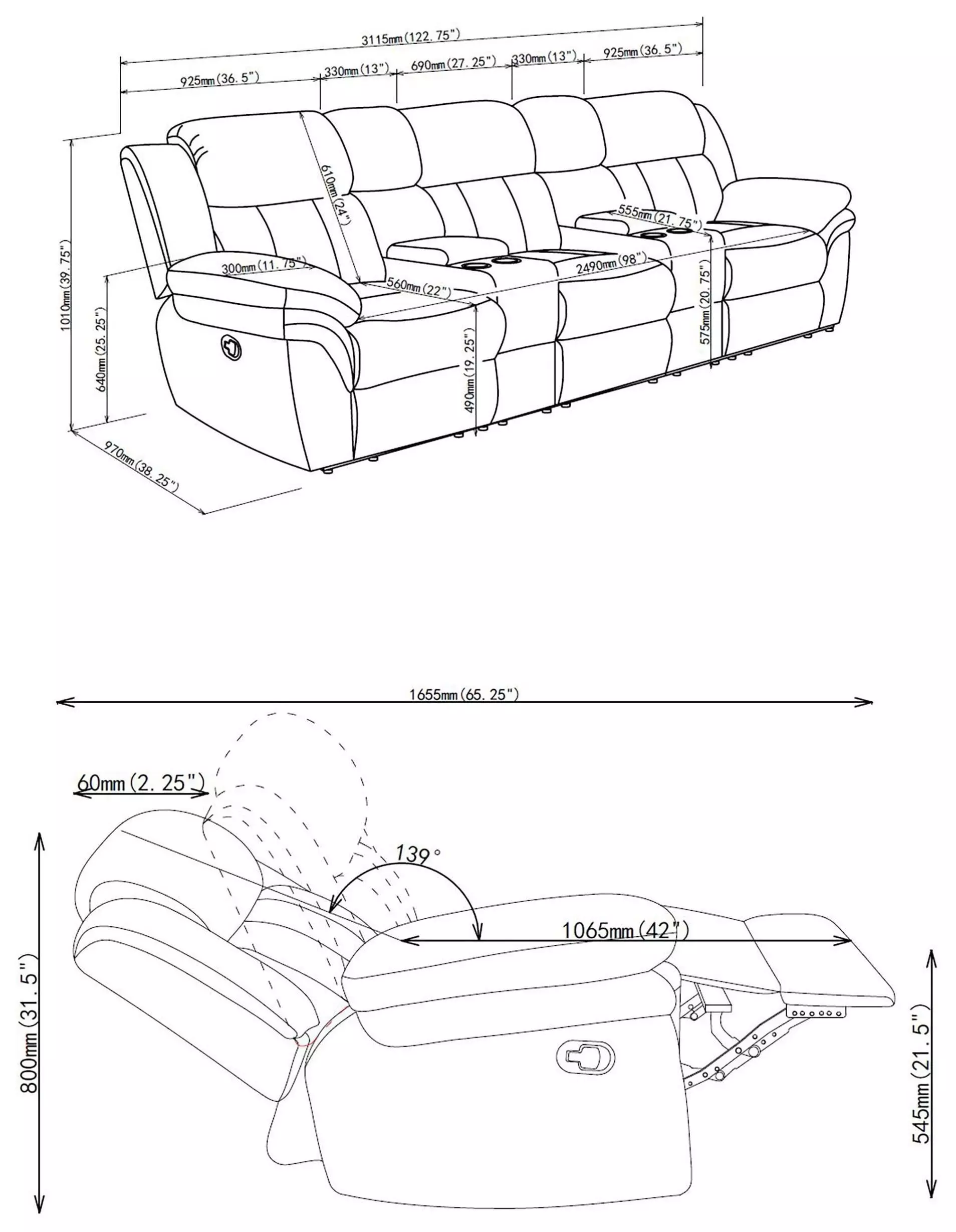Bahrain Charcoal Reclining 3 Seater 126" Home Theater