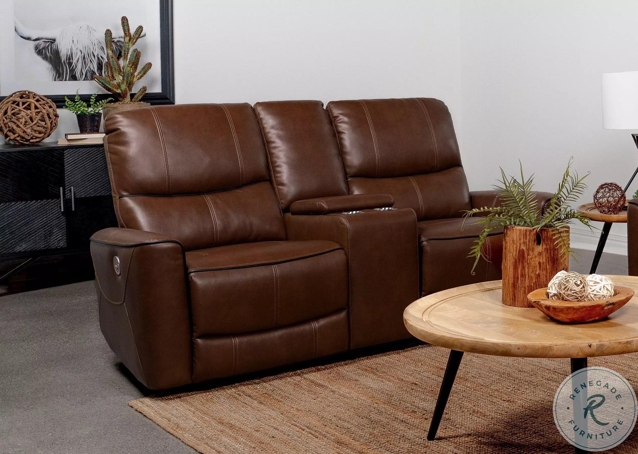 Greenfield Saddle Brown Power Reclining Console Loveseat From Coaster ...