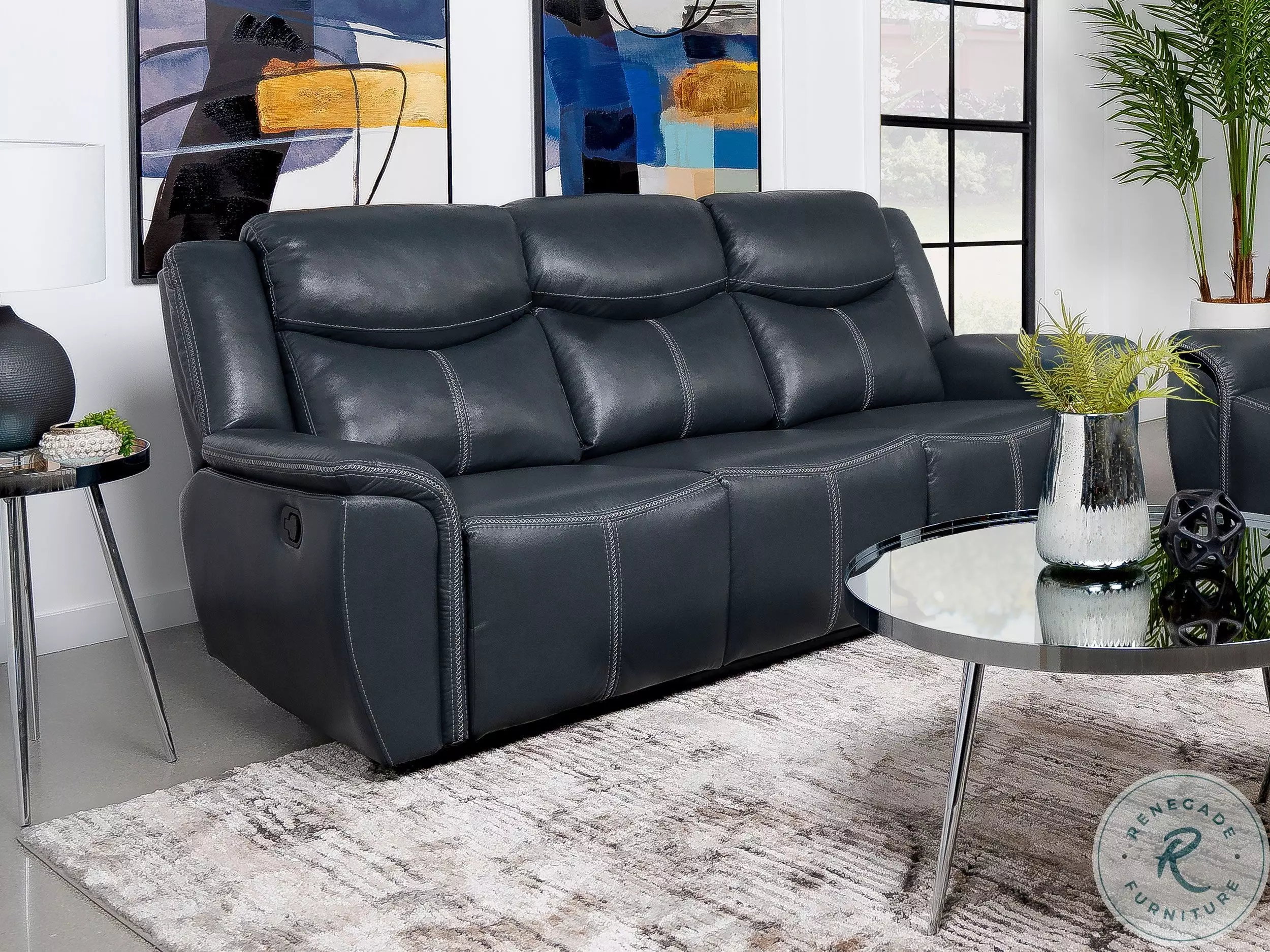 Sloane Blue Reclining Sofa with Drop Down Table From Coaster