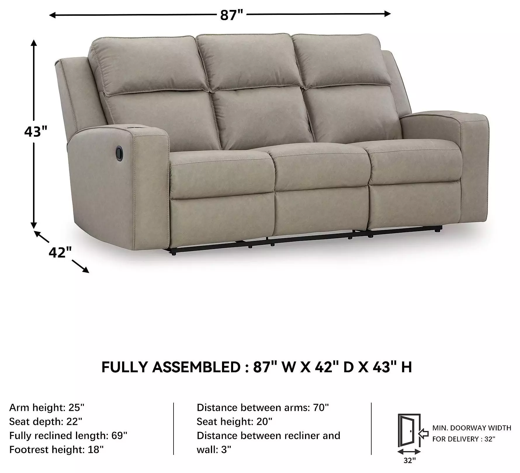 Lavenhorne Pebble 87" Reclining  Sofa with Drop Down Table