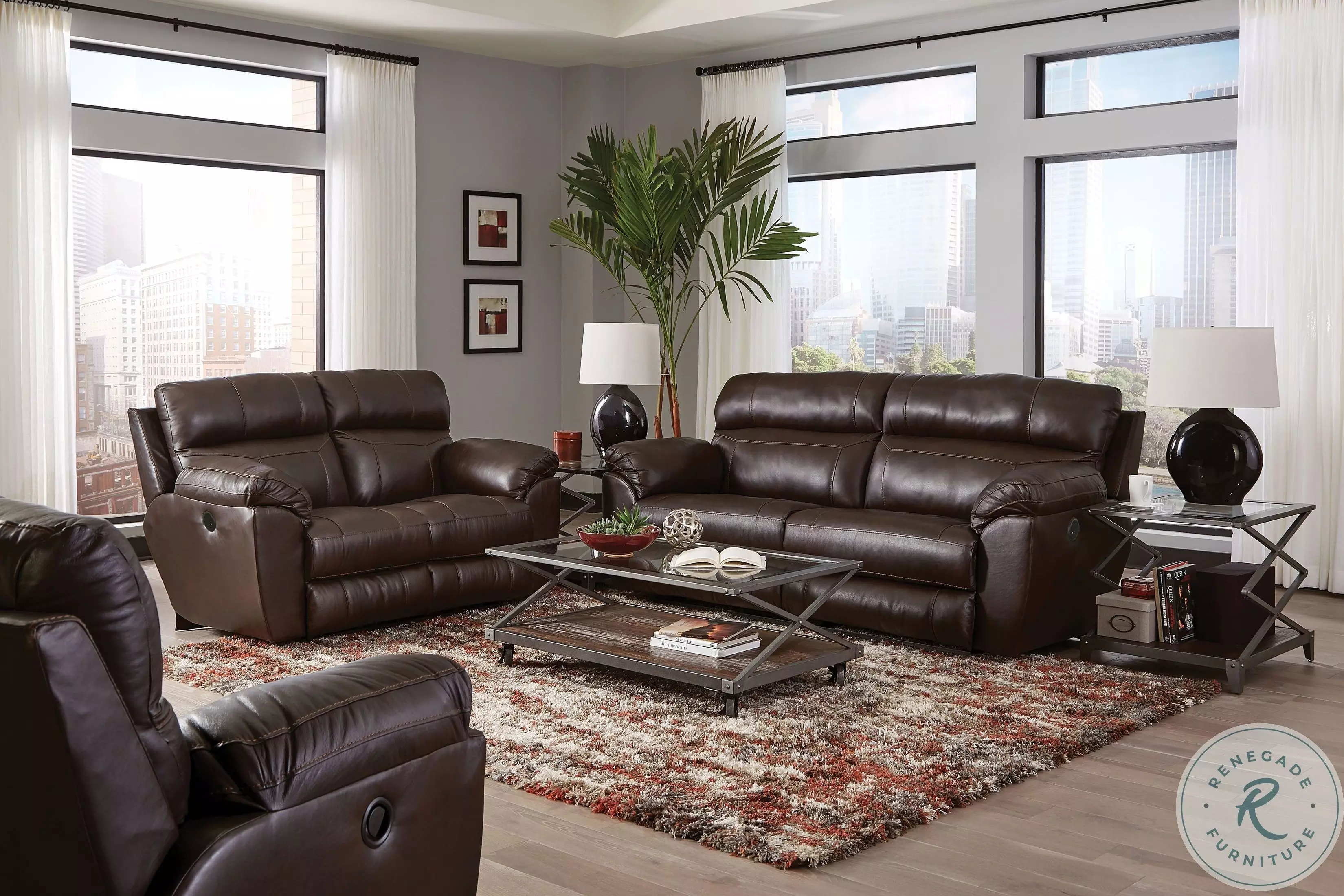 Costa Chocolate Leather Lay Flat Power Reclining Living Room Set