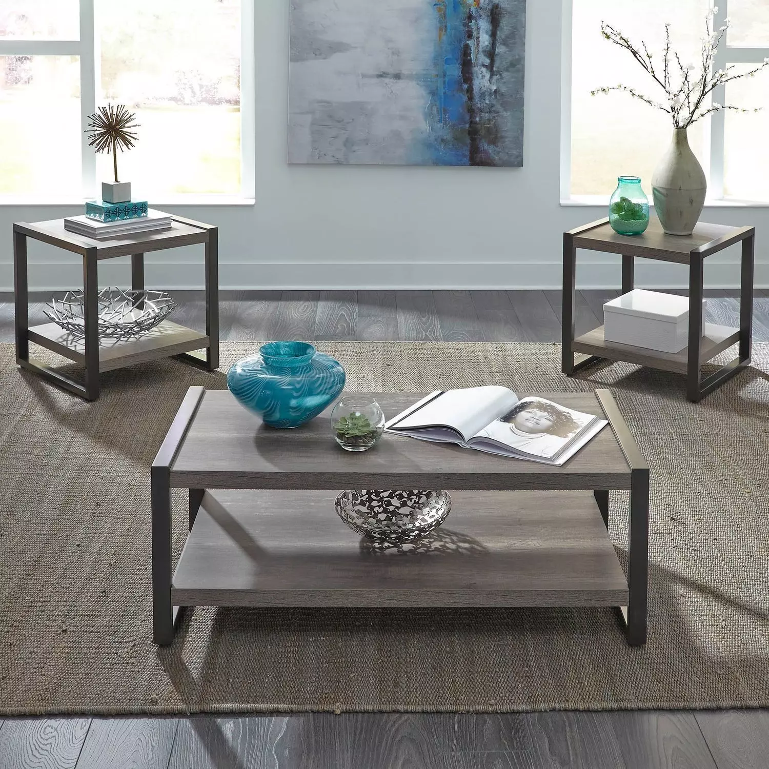Set of Cocktail Table and two matching End Tables, Graystone