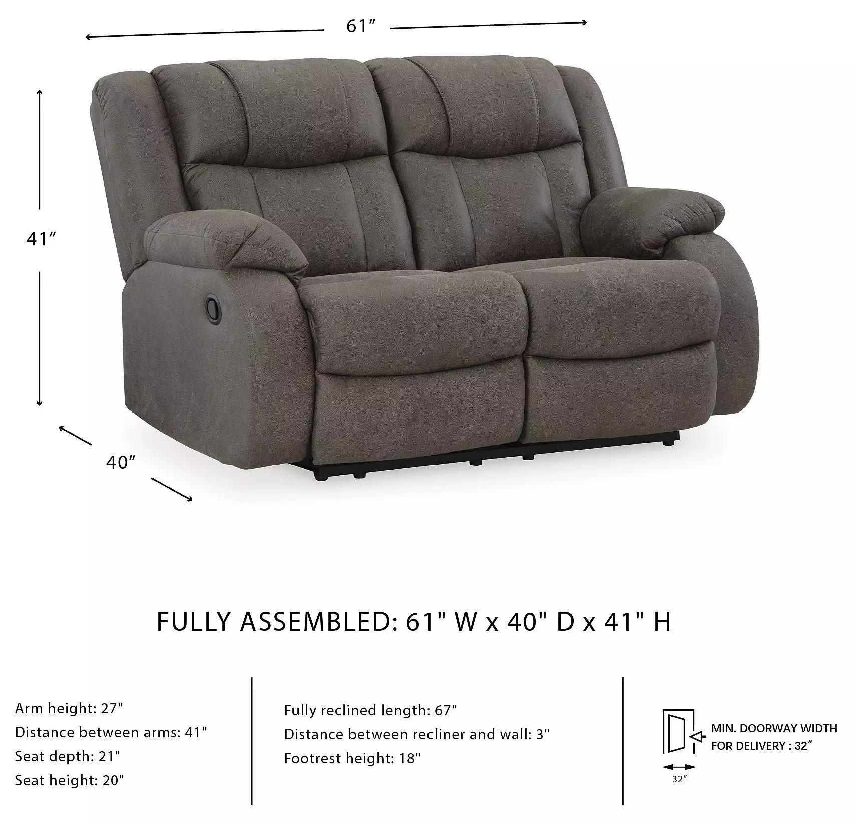 First Base Gunmetal 61" Reclining Loveseat