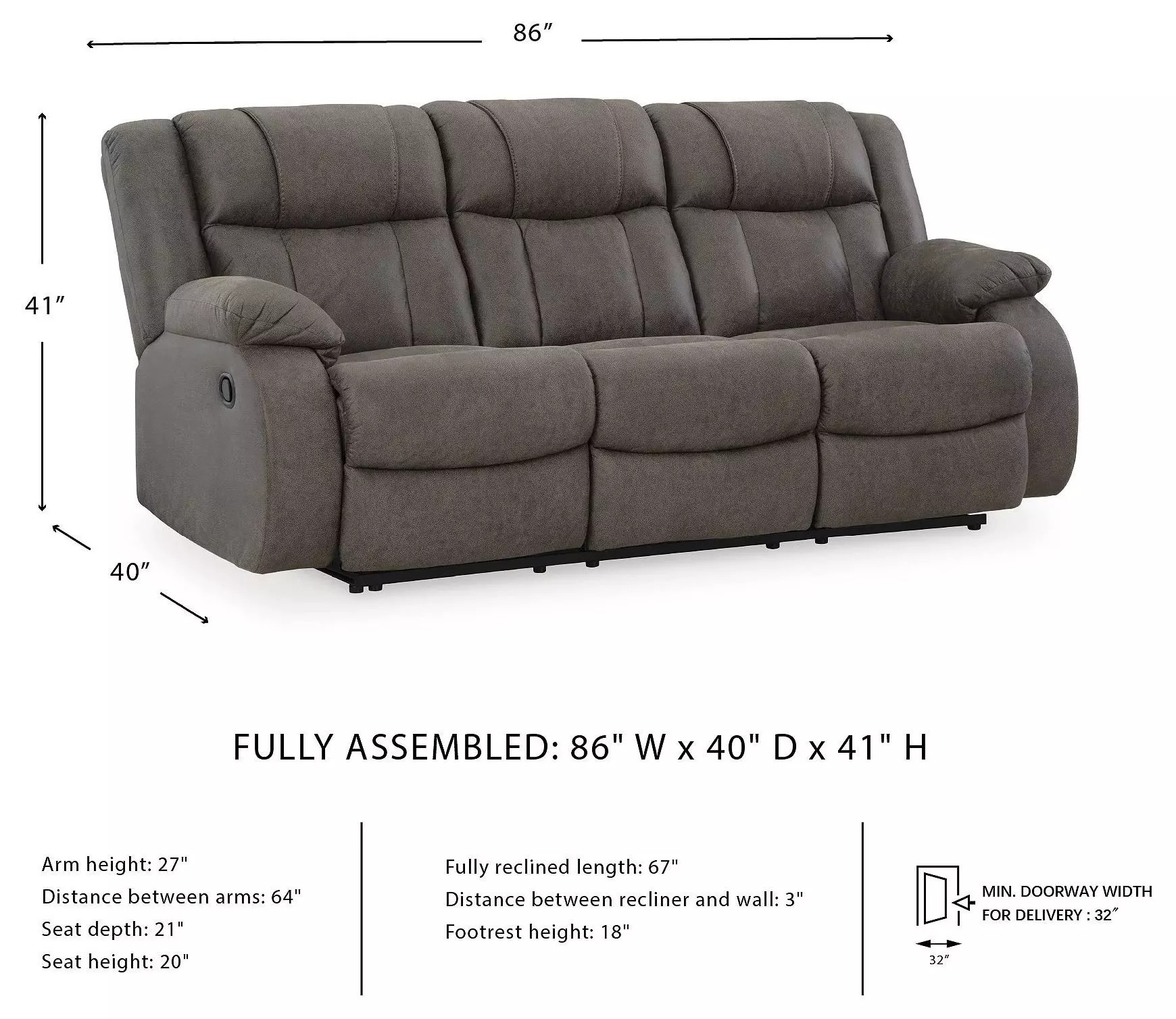First Base Gunmetal 86" Reclining Sofa