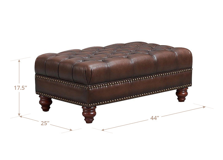 Waverly Caramel Leather Upholstered Rectangular Ottoman with Nailhead Trim