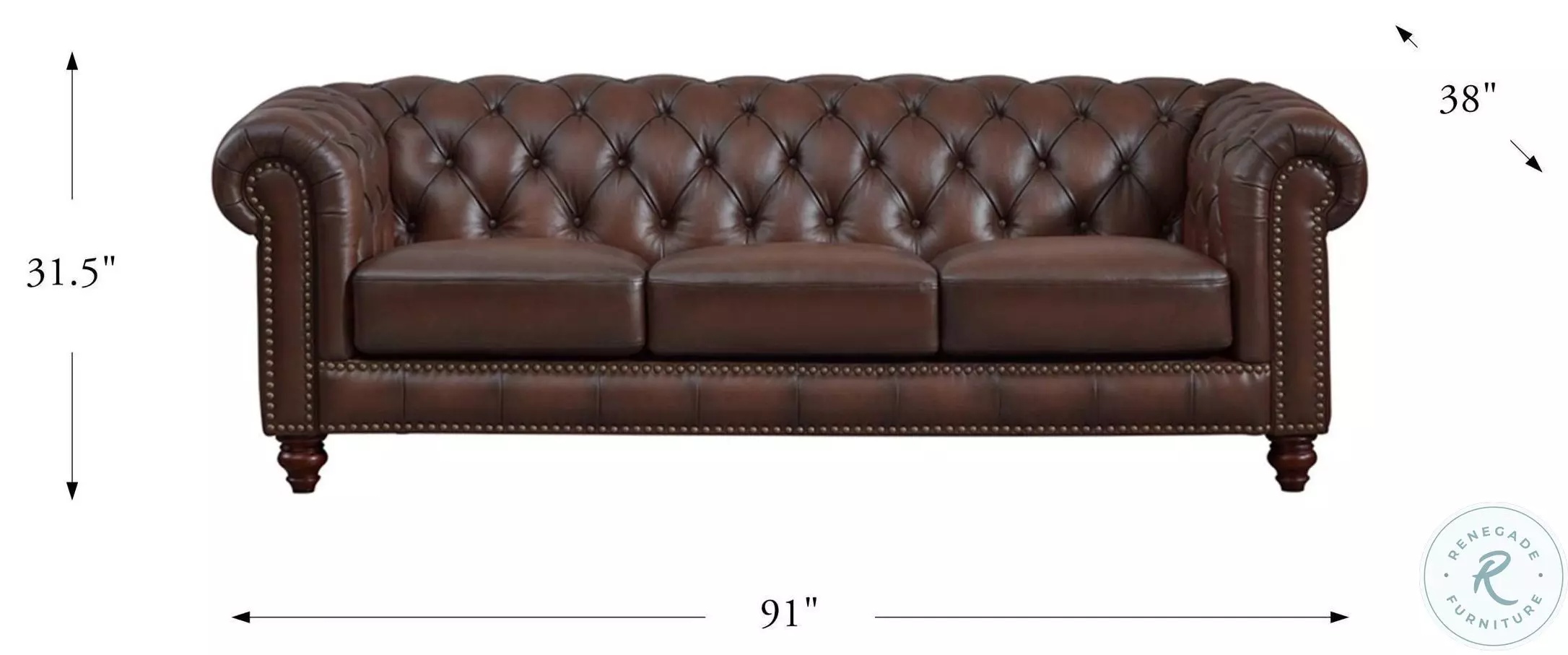 Waverly Caramel Leather 91" Sofa with Nailhead Trim