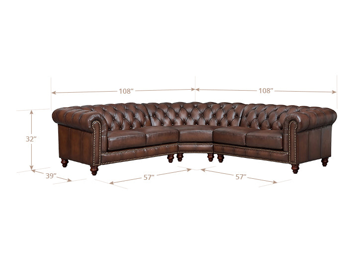 Waverly Caramel Leather 3 Piece Modular Sectional with Nailhead trim