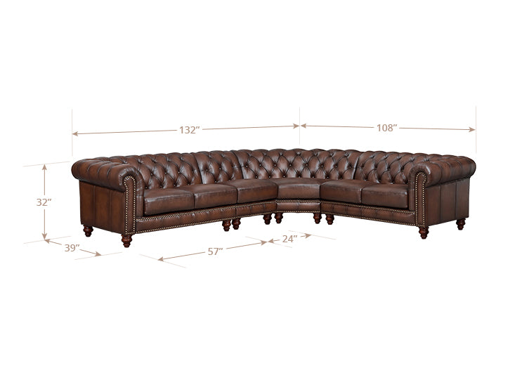 Waverly Caramel Leather 4 Piece Modular Sectional with Nailhead trim