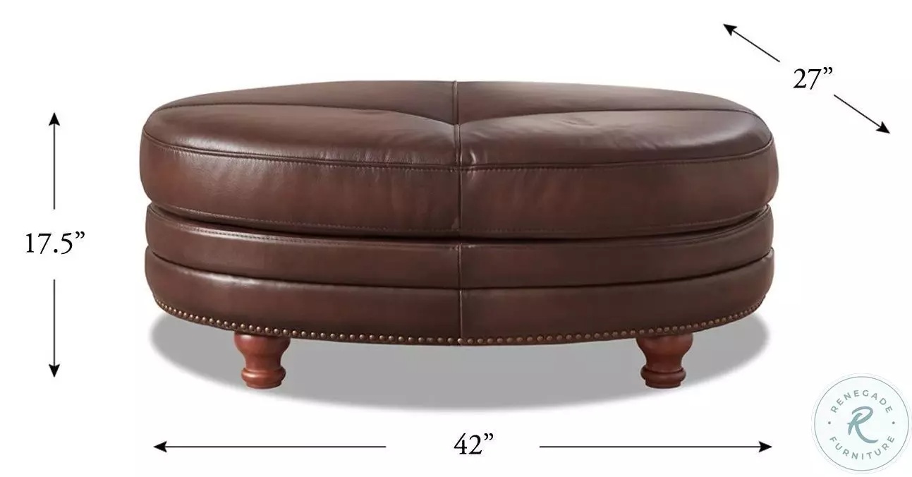 Bexley Caramel Leather Upholstered Oval Ottoman with Nailhead Trim