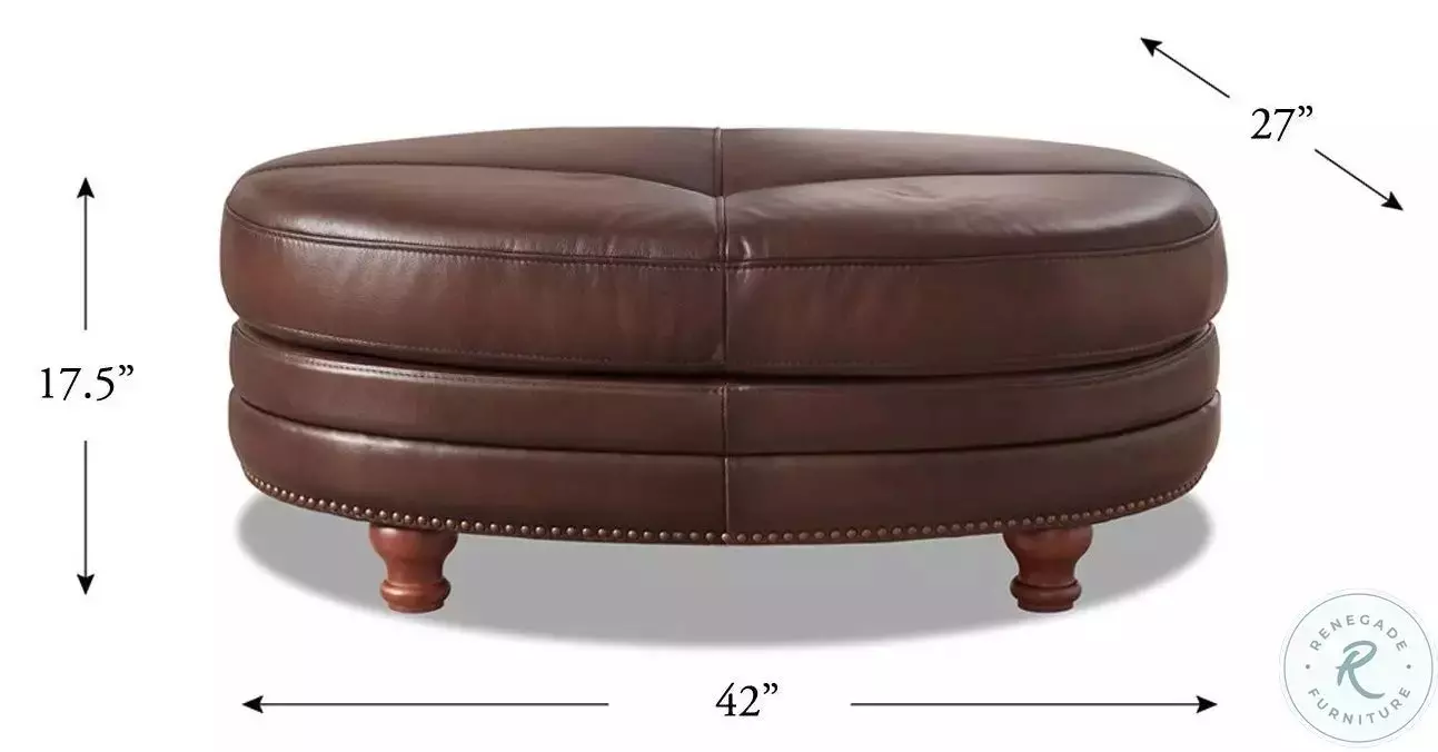 Bexley Caramel Leather Upholstered Oval Ottoman with Nailhead Trim