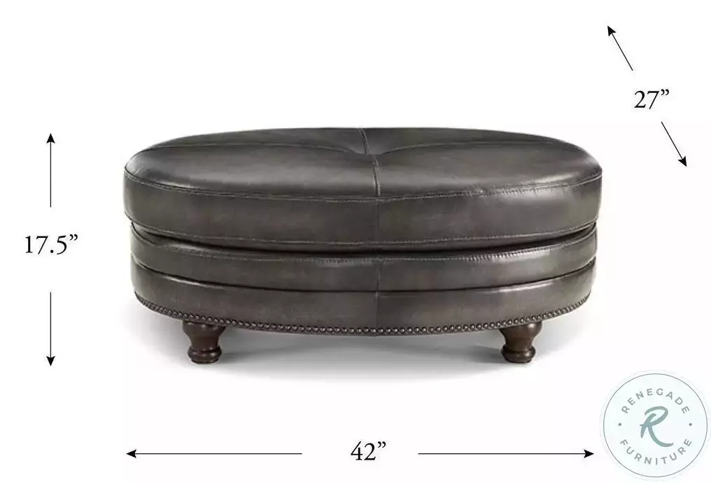 Bexley Ash Leather Upholstered Oval Ottoman with Nailhead Trim