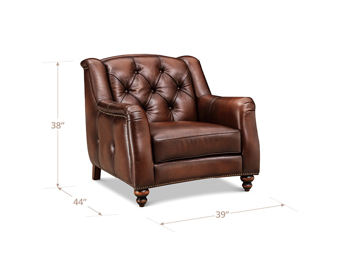 Kingswell Brown Leather Upholstered Accent Chair with Nailhead Trim