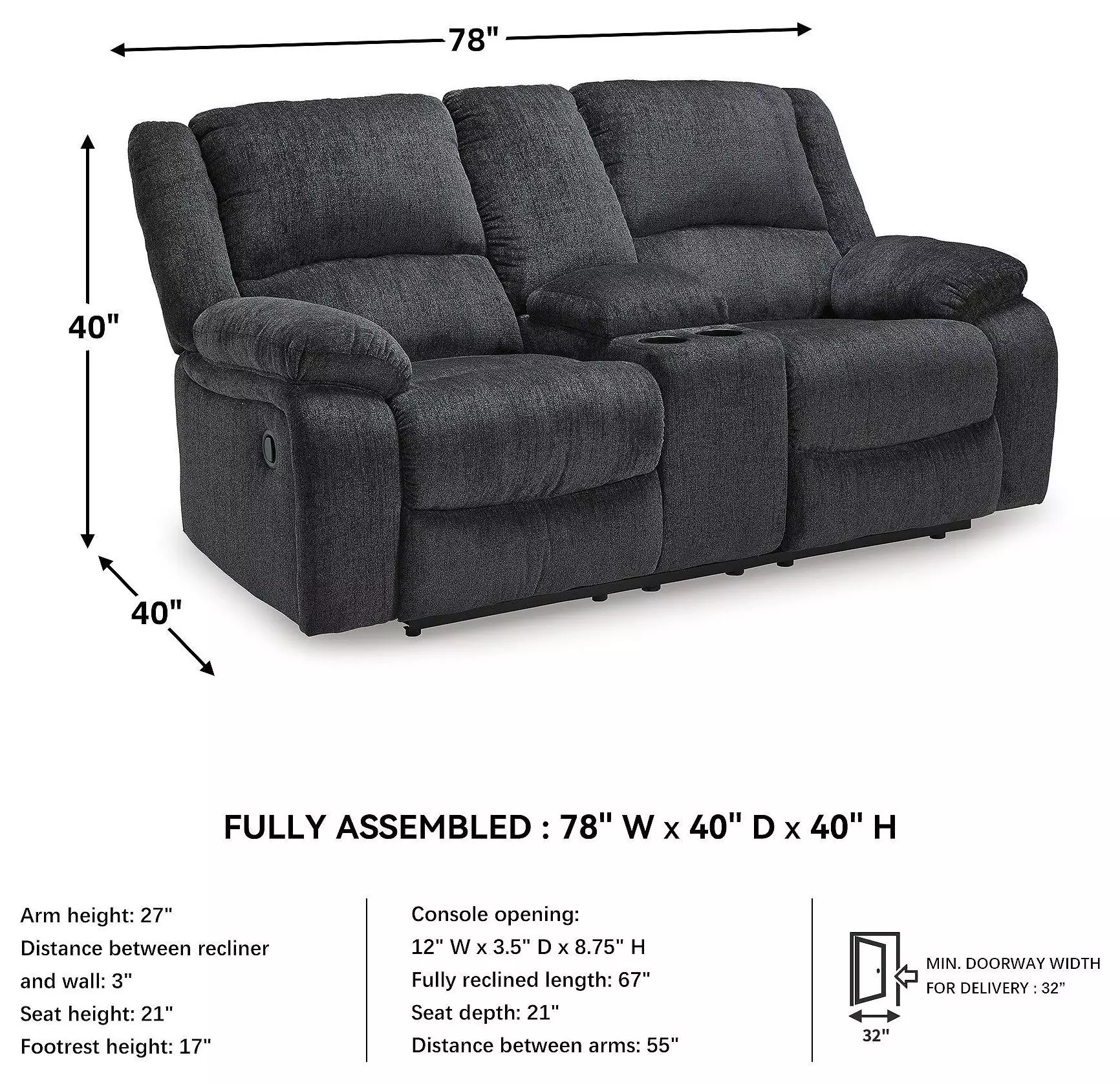 Draycoll Slate Double 78" Reclining Loveseat With Console