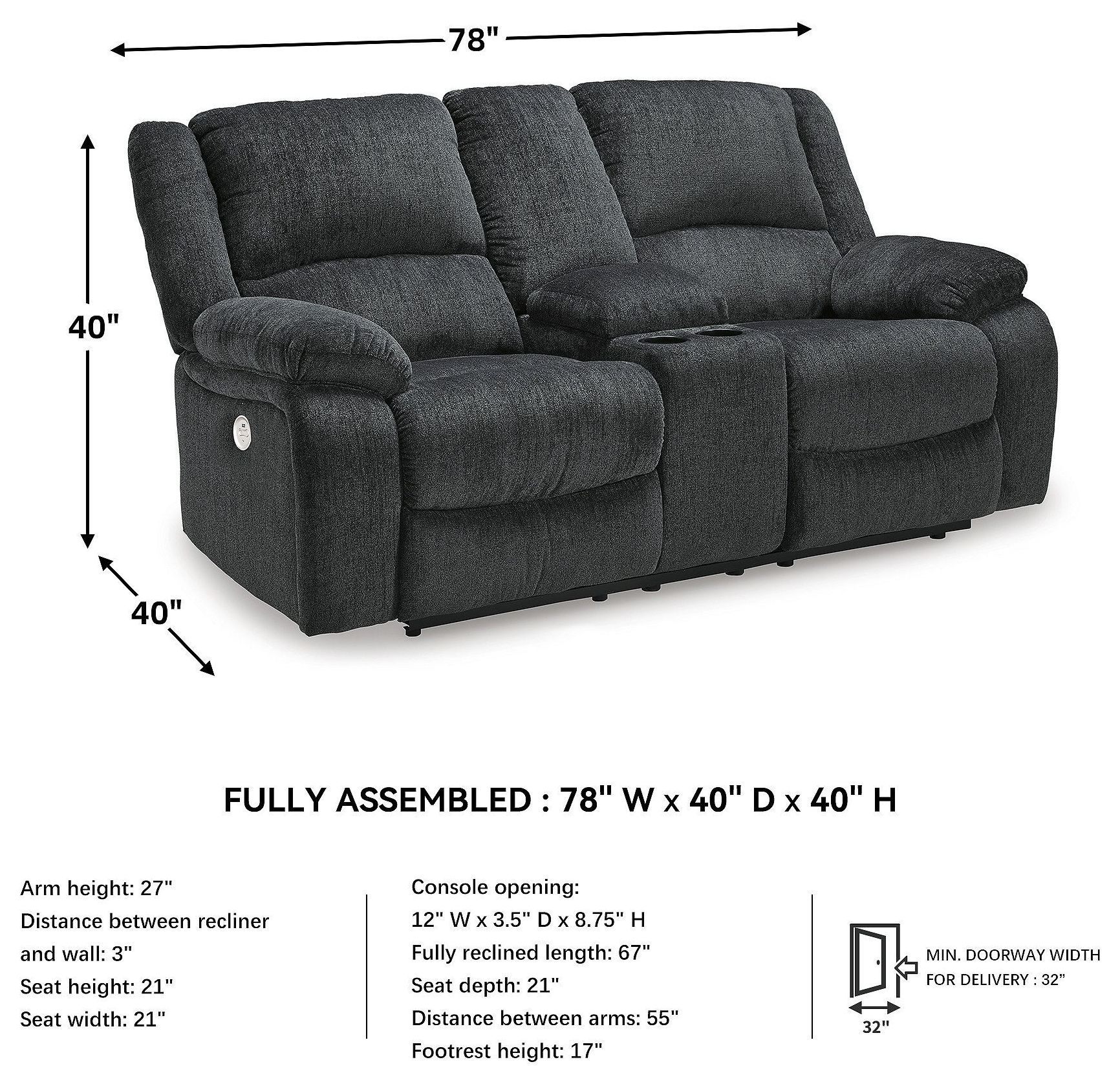 Draycoll Slate Double Power Reclining Loveseat with Console