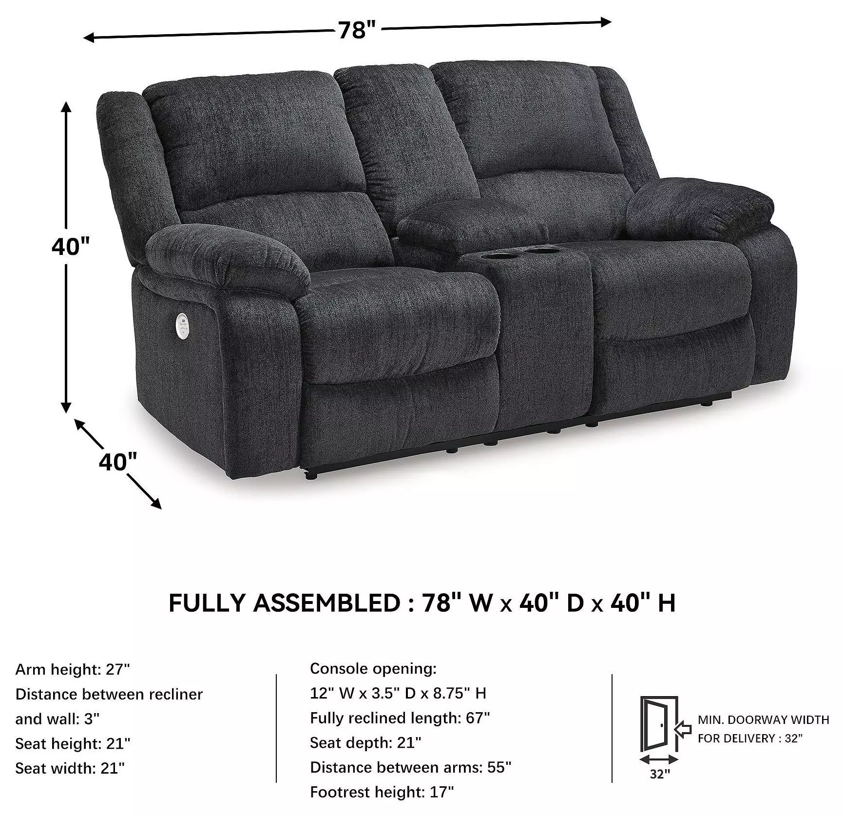Draycoll Slate Double 78" Power Reclining  Loveseat with Console