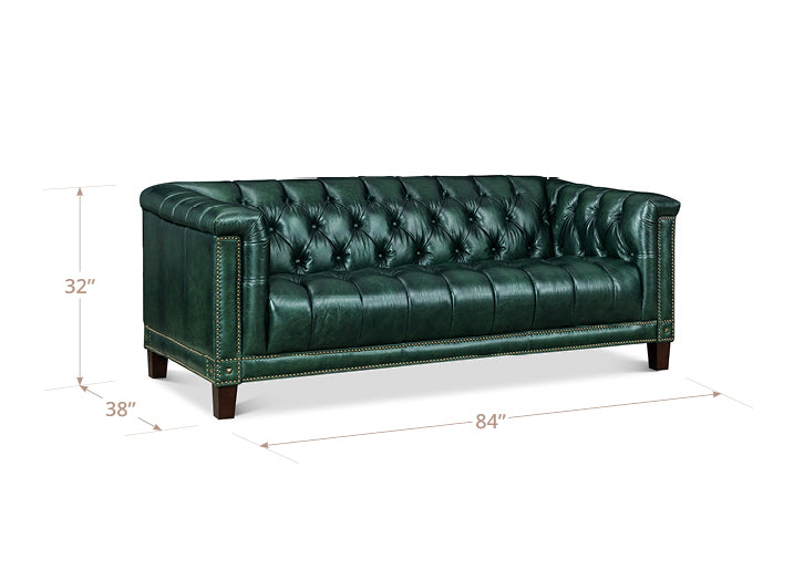 Picavel Green Leather 84" Sofa with Nailhead Trim
