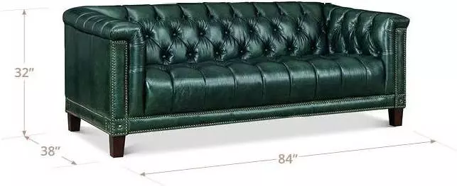 Picavel Green Leather 84" Sofa with Nailhead Trim