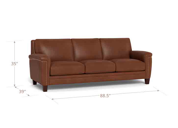 Sherwyn Pecan Leather 89" Sofa with Nailhead Trim