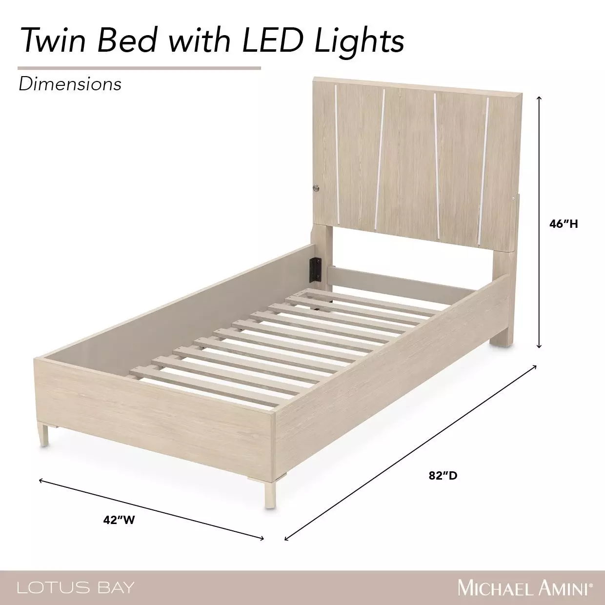 Lotus Bay Sand Twin Panel Bed with LED and USB Charging