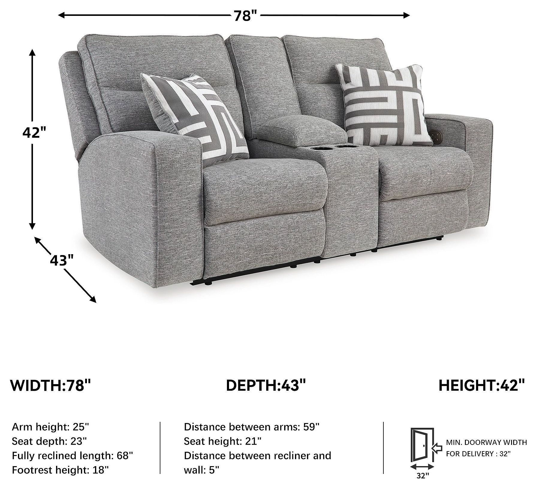 Biscoe Pewter Performance Fabric Power Reclining Console Loveseat