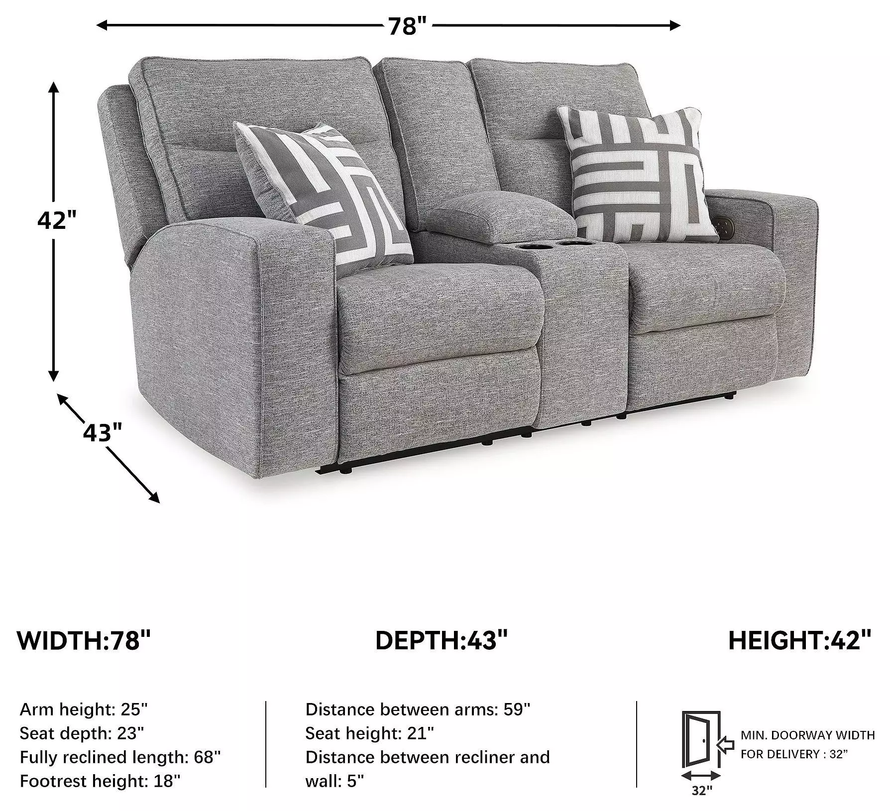 Biscoe Pewter Performance Fabric 78" Power Reclining Console Loveseat