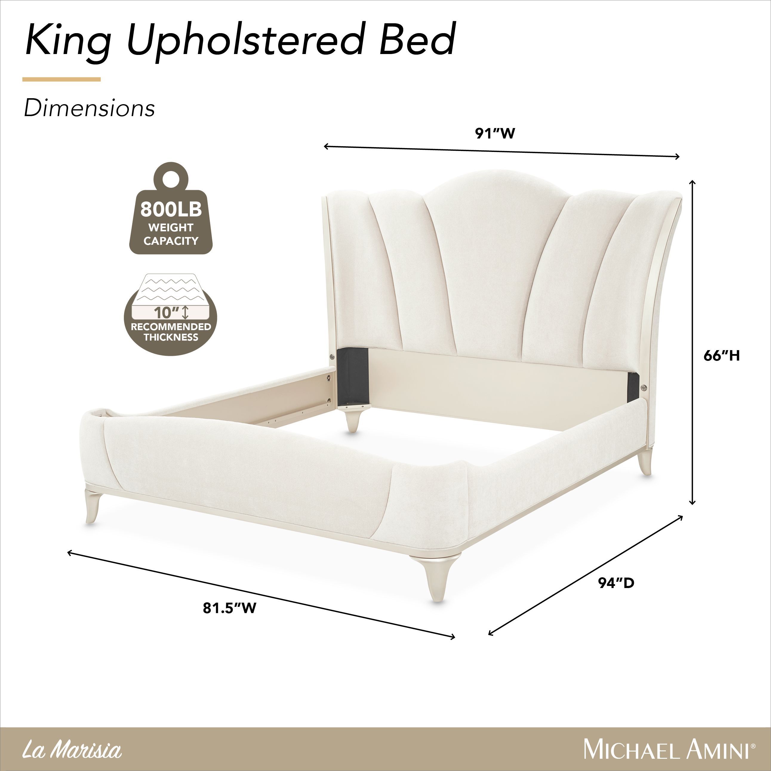 La Marisia Tranquil and Champagne Gold King Upholstered Bed with USB Charging