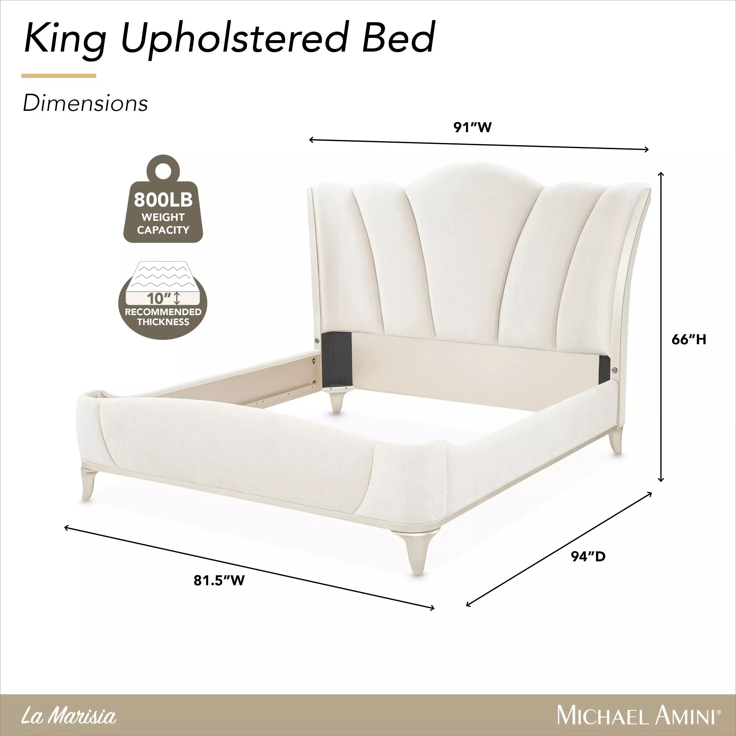 La Marisia Tranquil and Champagne Gold King Upholstered Bed with USB Charging