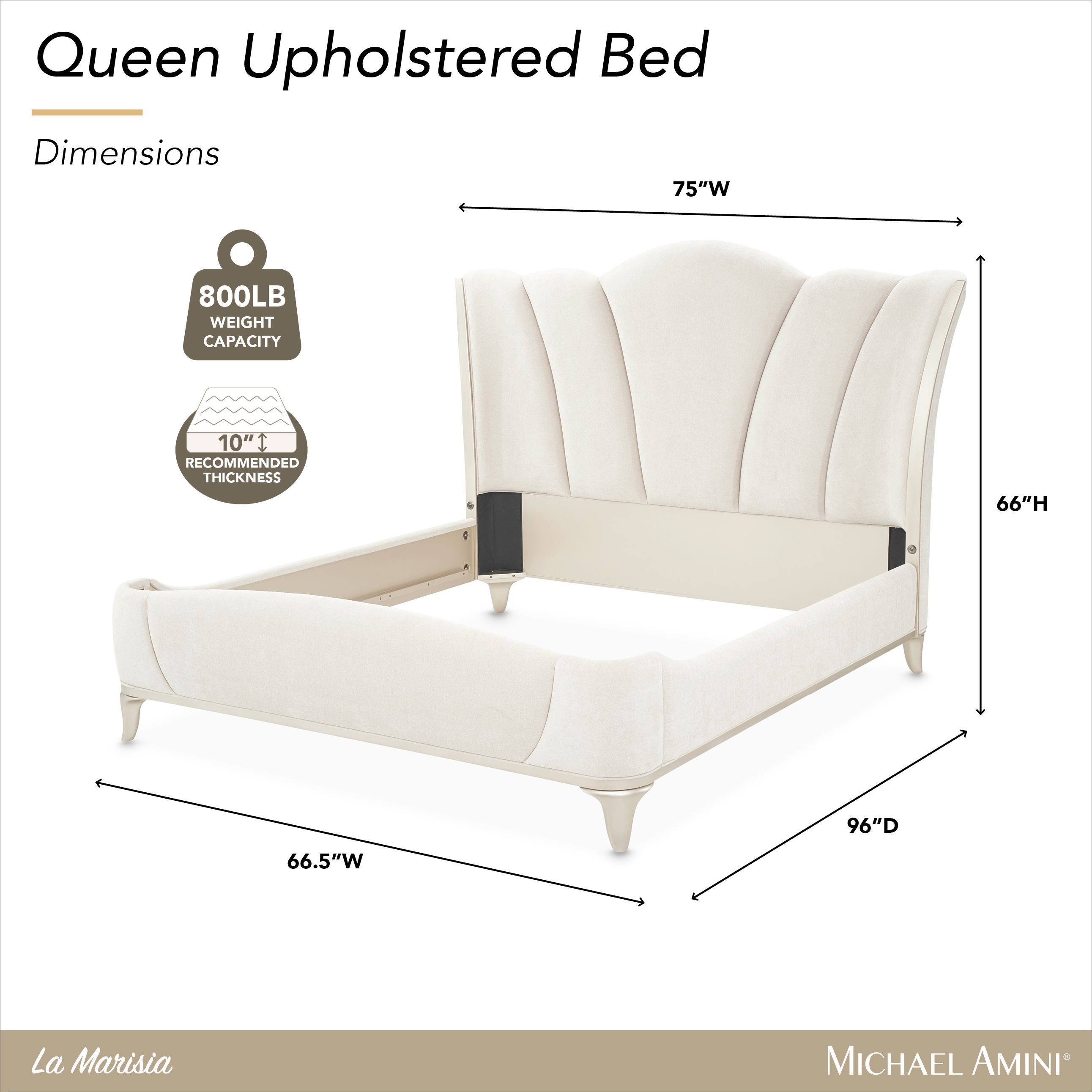 La Marisia Tranquil and Champagne Gold Queen Upholstered Bed with USB Charging