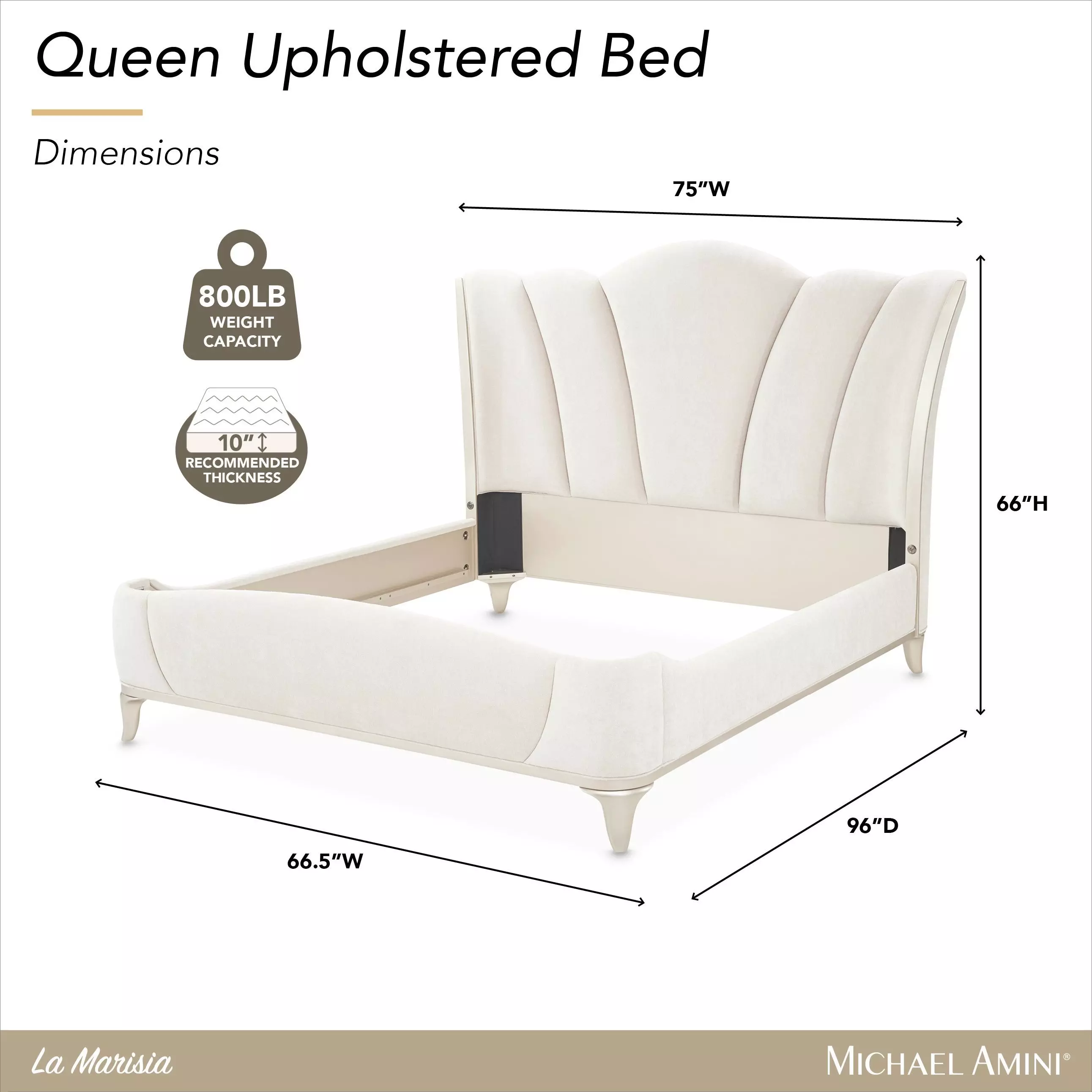 La Marisia Tranquil and Champagne Gold Queen Upholstered Bed with USB Charging