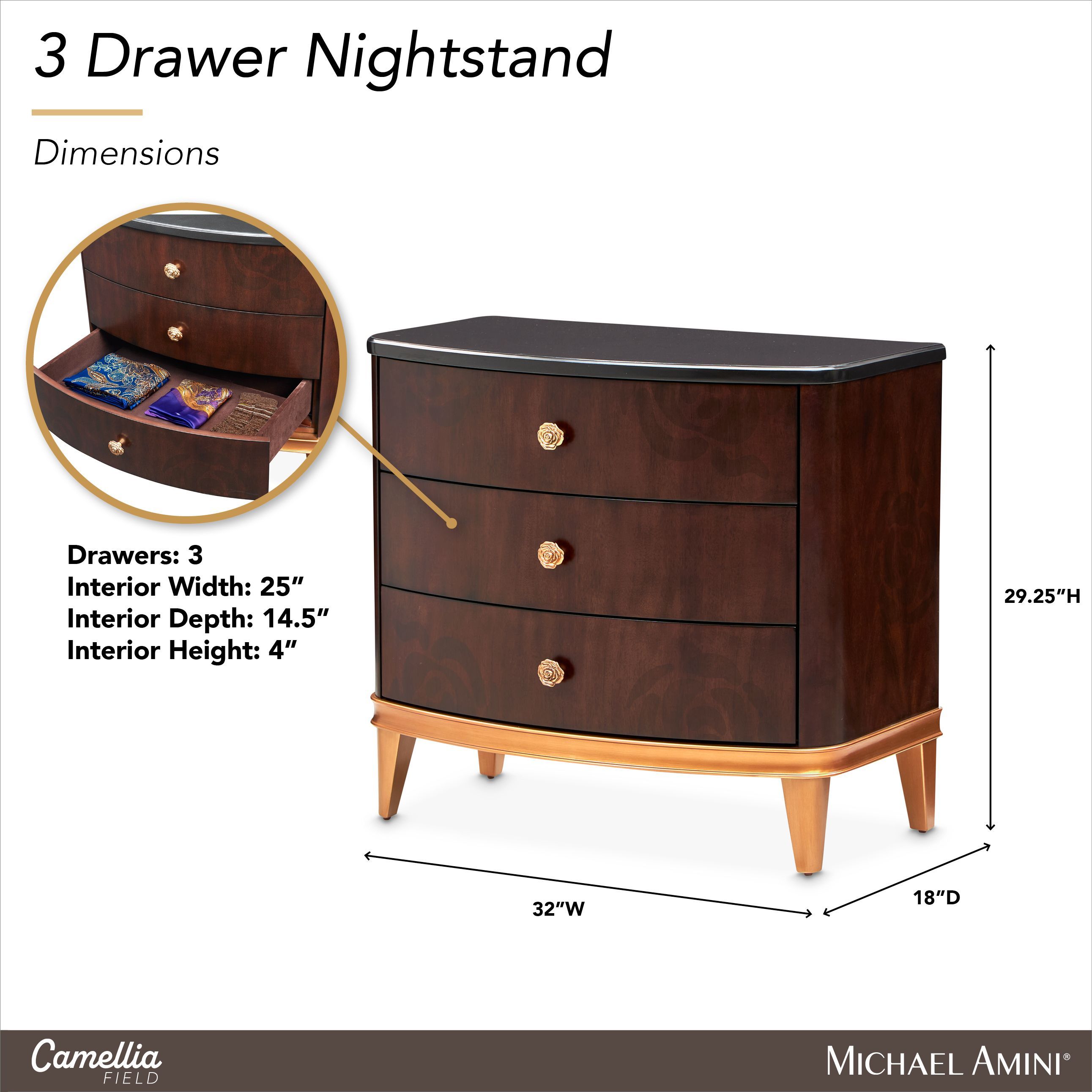Camellia Field Warm Pecan 3 Drawer Nightstand
