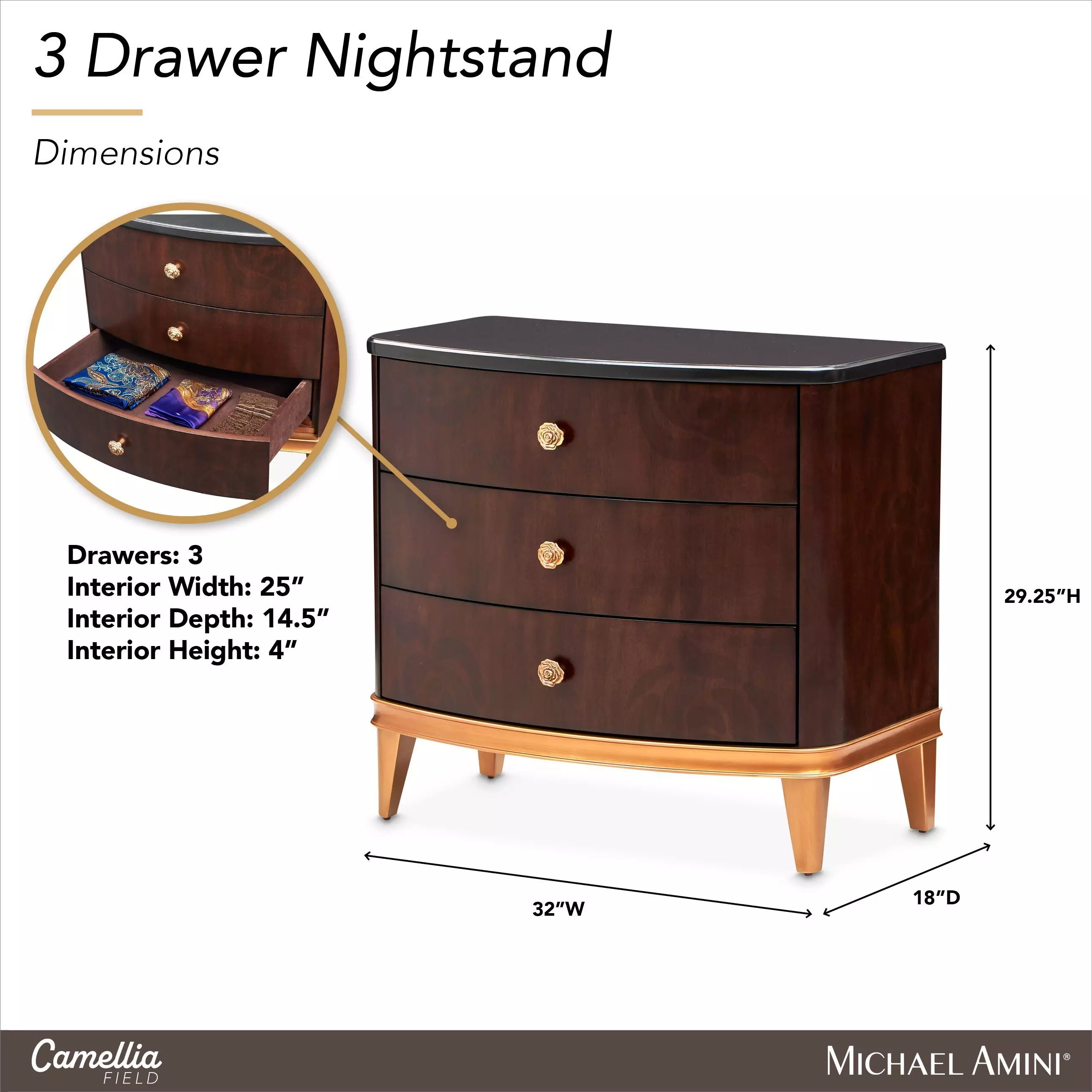 Camellia Field Warm Pecan 3 Drawer Nightstand