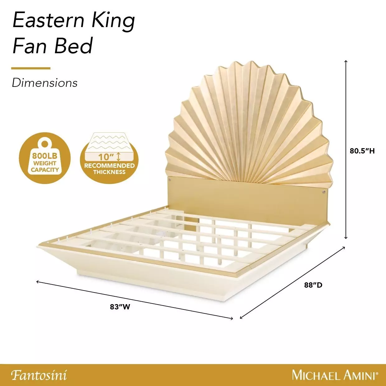 Fantosini Creamy Pearl and Gold Leaf King Fan Platform Bed with USB Charging