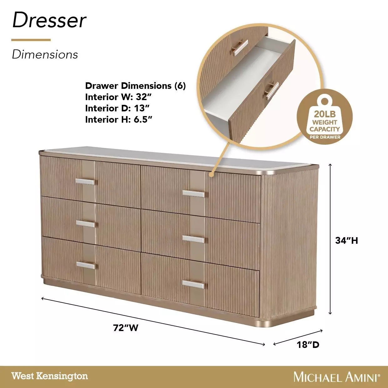 West Kensington Sea Salt Caramel 6 Drawer Dresser with LED