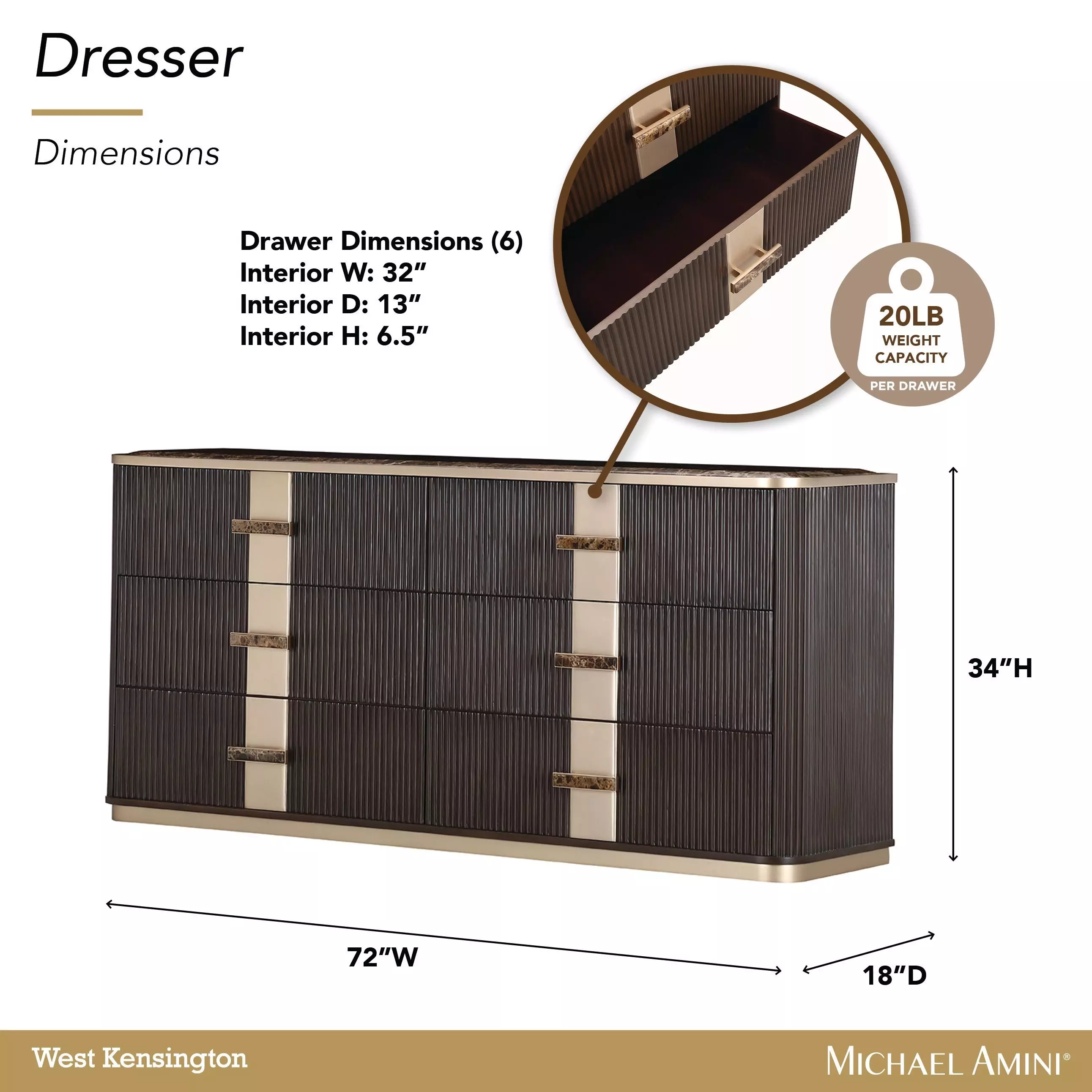 West Kensington Medium Espresso 6 Drawer Dresser with LED