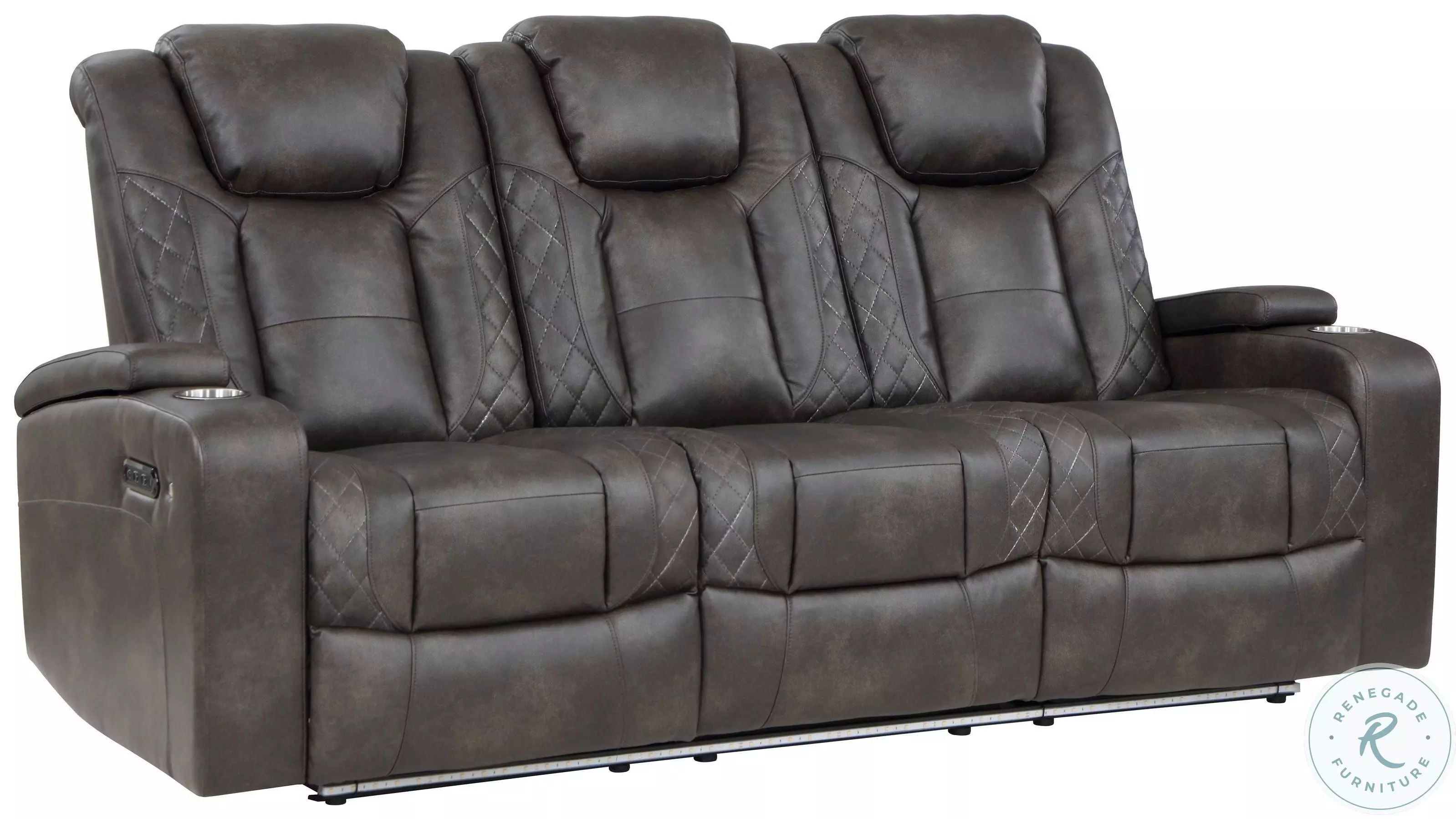 Tabor Brownish Gray Double Power Reclining Sofa With Power Headrest And Center Drop Down Cup Tabor Brownish Gray Double Power Reclining Sofa With Power Headrest And Center Drop Down Cup