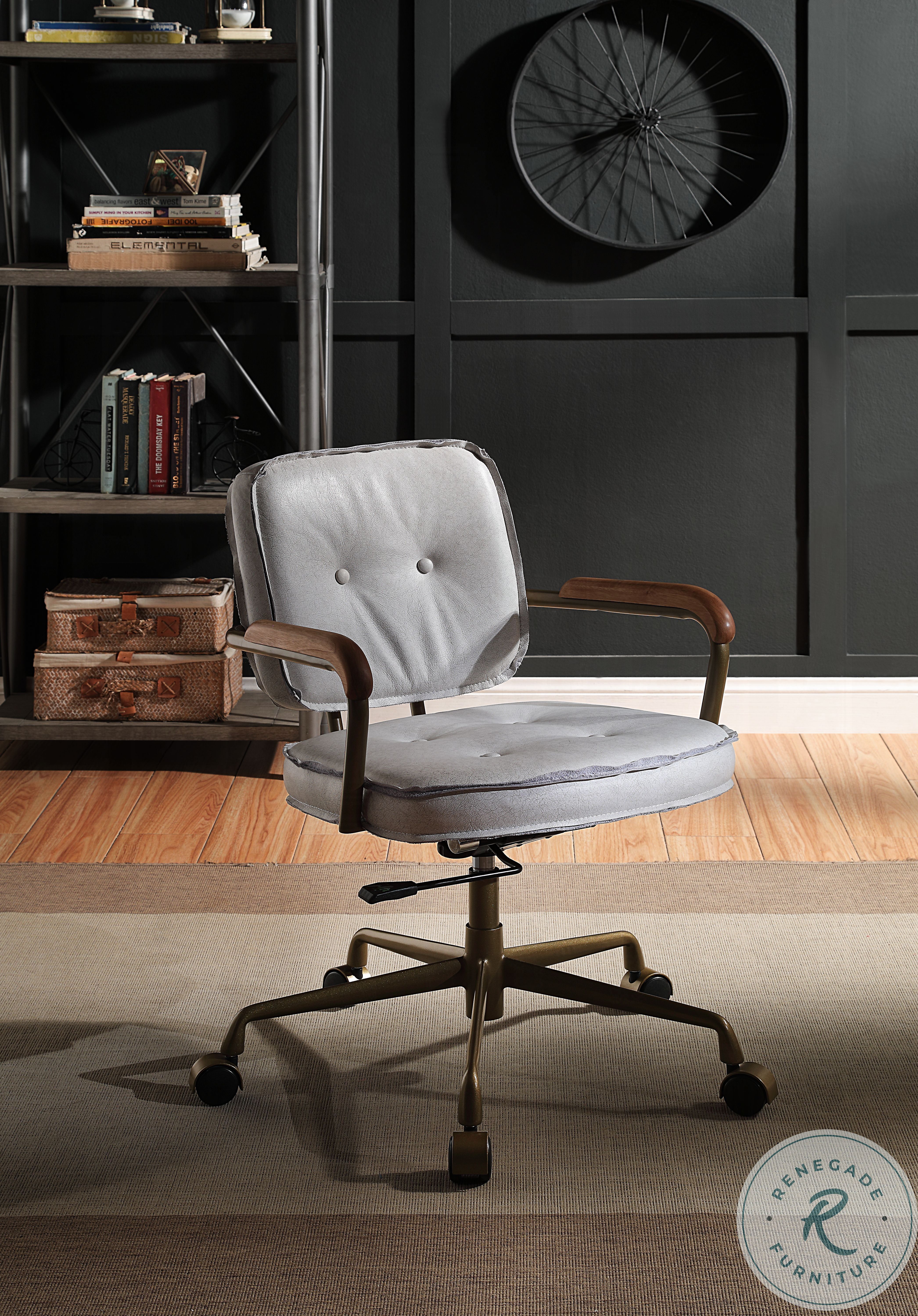 Siecross Vintage White Top Grain Leather Swivel Office Chair from