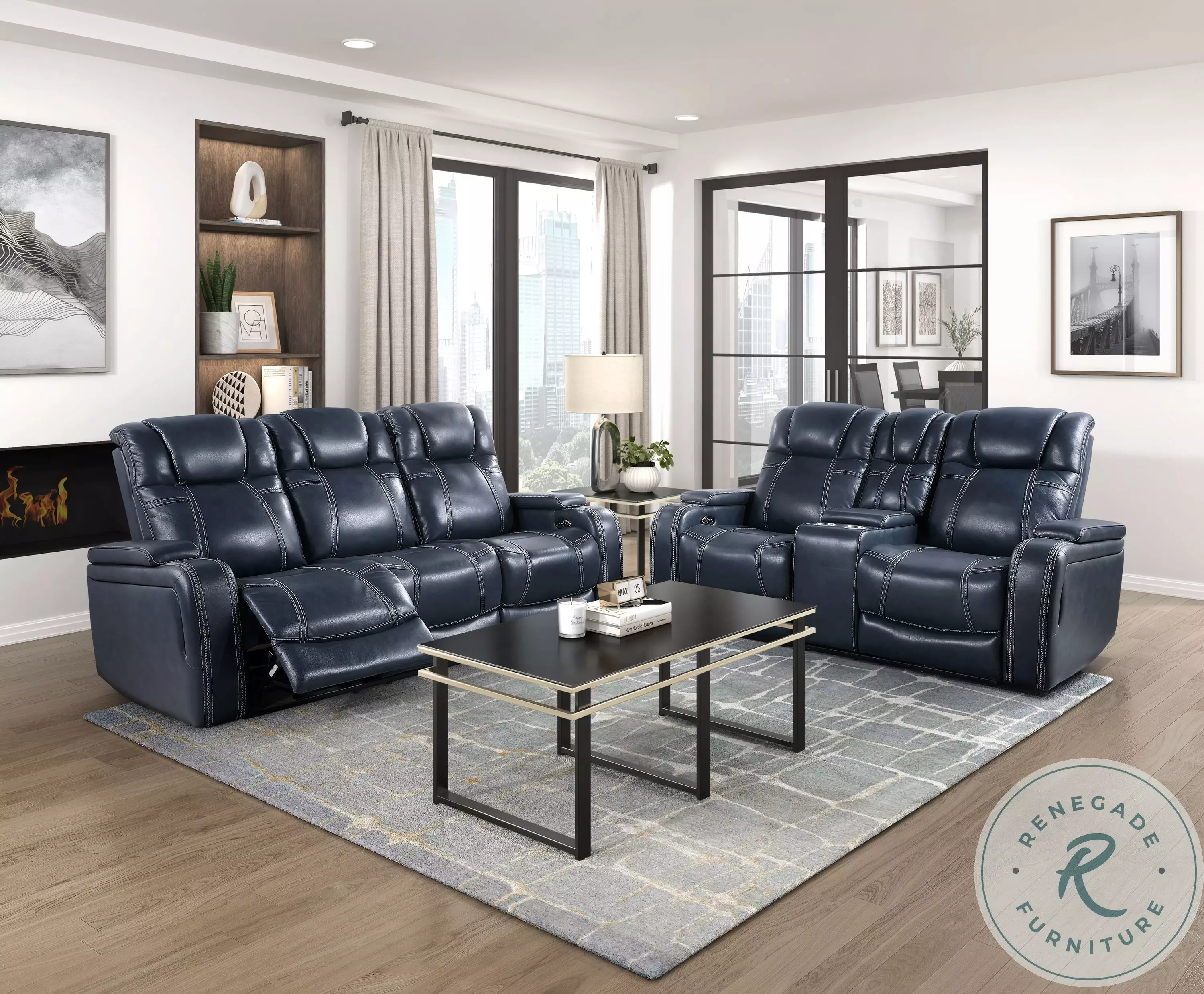 Keziah Blue Double Power Reclining Sofa with Power Headrests And